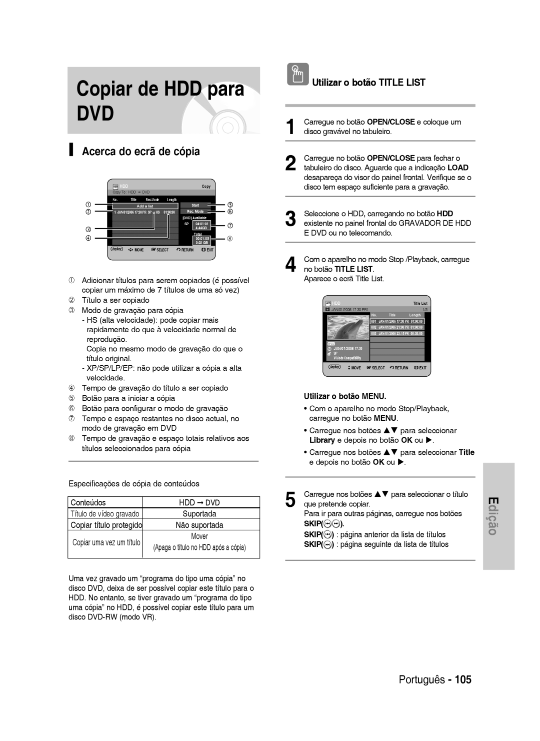 Samsung DVD-HR737/XET manual Copiar de HDD para, Acerca do ecrã de cópia, Especificações de cópia de conteúdos Conteúdos 