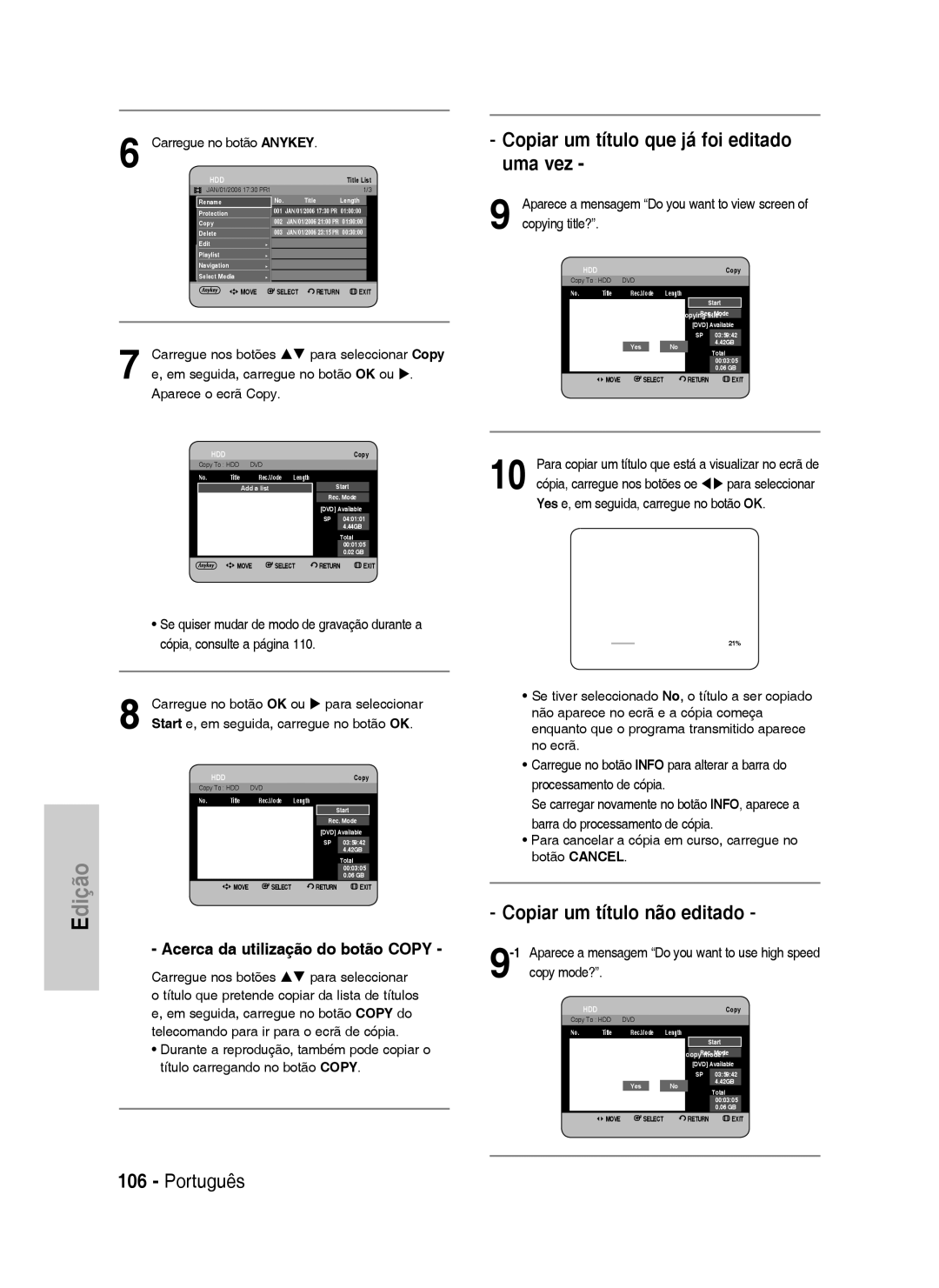 Samsung DVD-HR737/EUR, DVD-HR735/XEG manual Copiar um título que já foi editado uma vez, Copiar um título não editado 