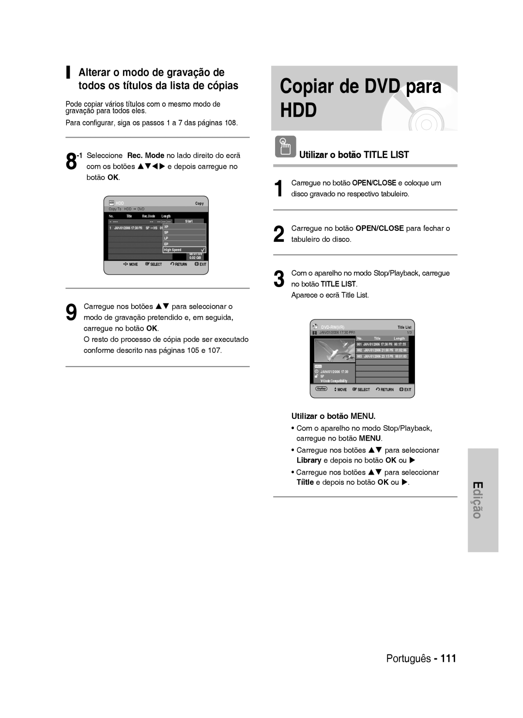 Samsung DVD-HR737/XEH, DVD-HR735/XEG, DVD-HR737/XEG manual Copiar de DVD para, No botão Title List Aparece o ecrã Title List 