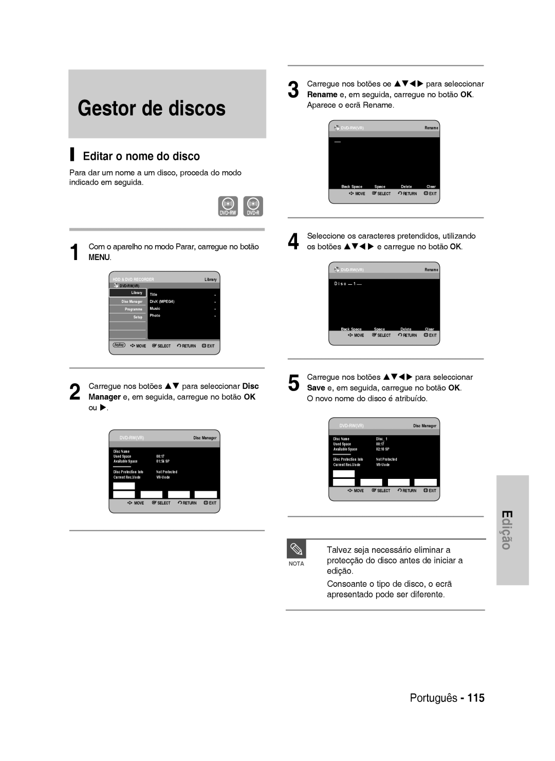 Samsung DVD-HR735/EUR, DVD-HR735/XEG Gestor de discos, Editar o nome do disco, Manager e, em seguida, carregue no botão OK 