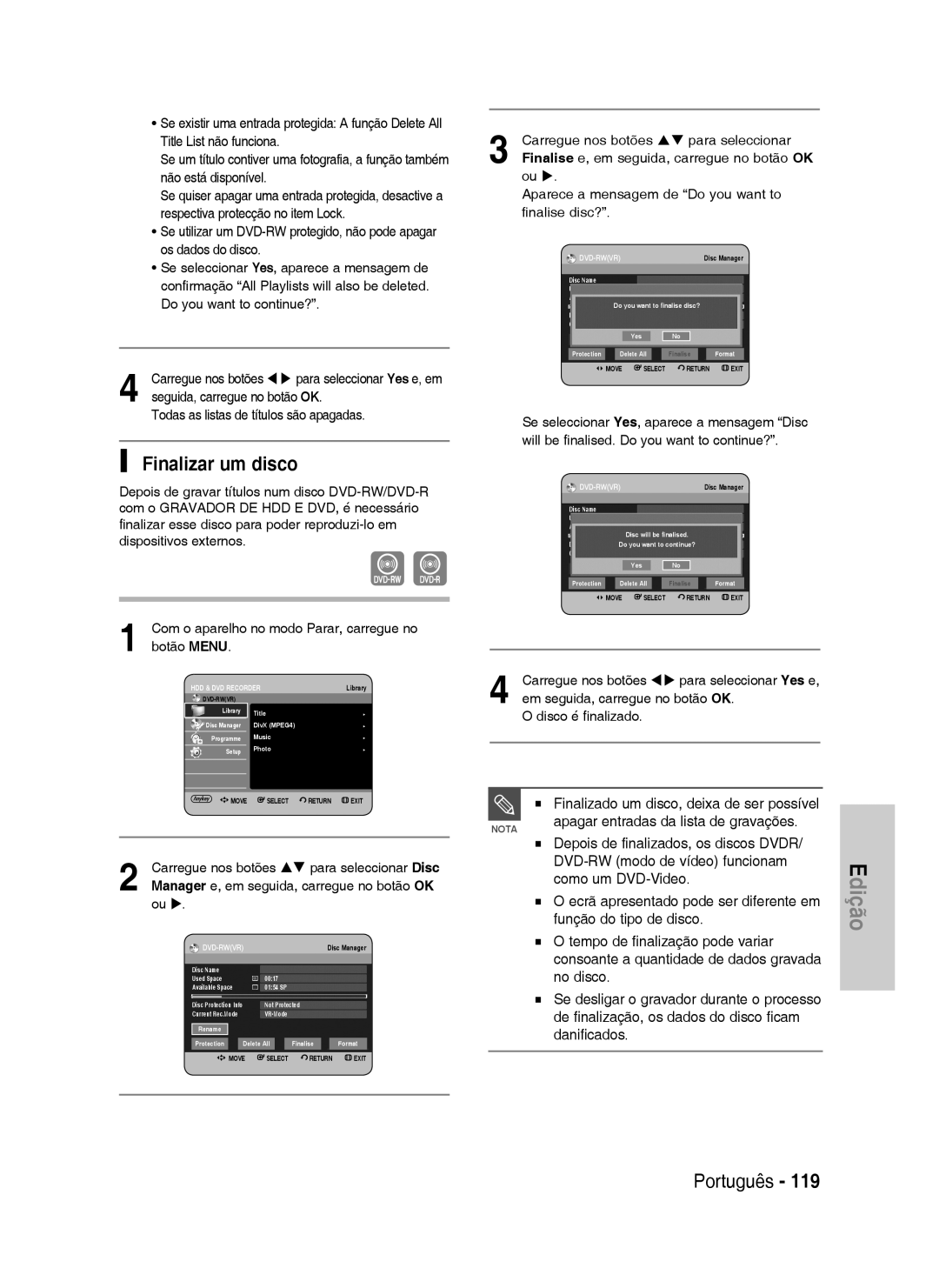 Samsung DVD-HR737/XEG, DVD-HR735/XEG manual Finalizar um disco, Apagar entradas da lista de gravações, Como um DVD-Video 