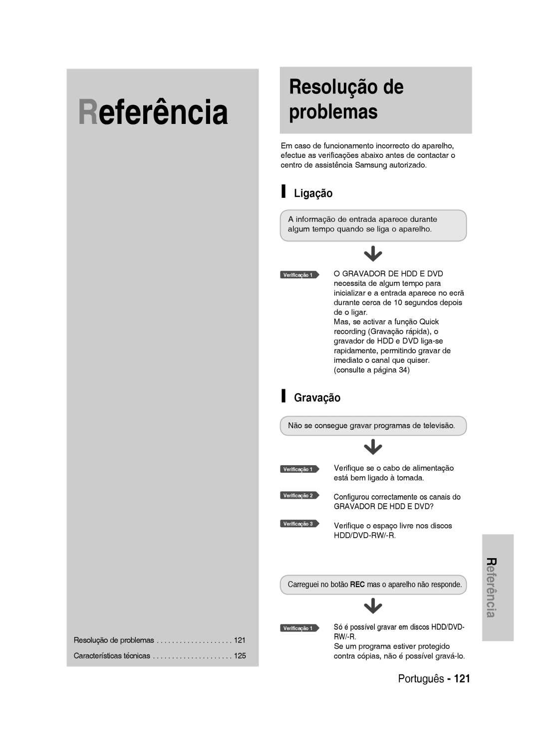 Samsung DVD-HR737/XEB, DVD-HR735/XEG, DVD-HR737/XEG manual Resolução de problemas, Ligação, Gravação, Gravador DE HDD E DVD? 