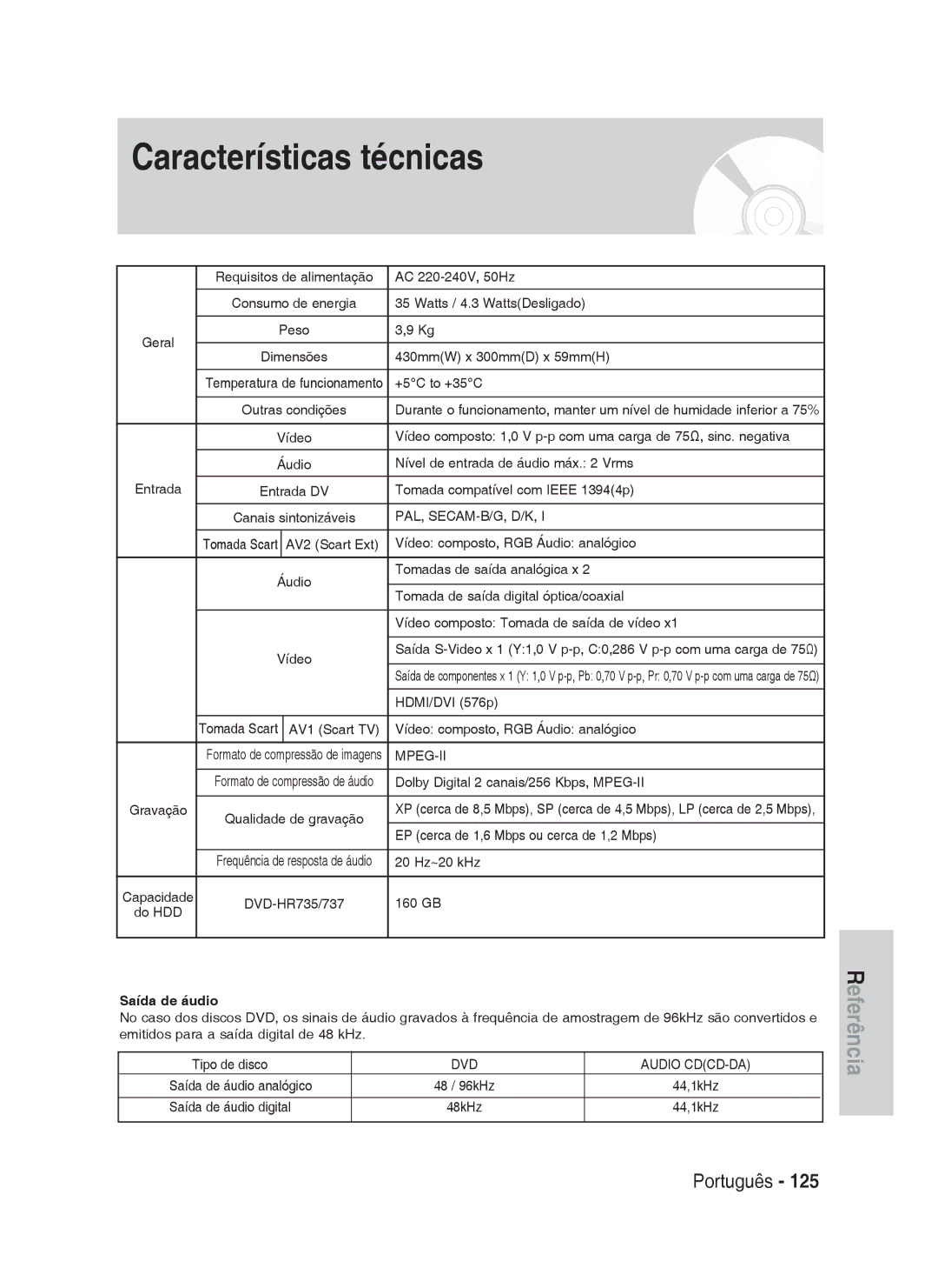 Samsung DVD-HR737/EUR, DVD-HR735/XEG manual Características técnicas, AC 220-240V, 50Hz, Saída de áudio, DVD Audio CDCD-DA 