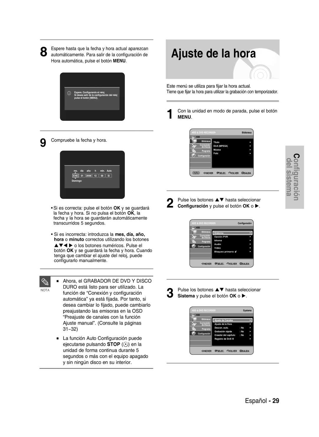 Samsung DVD-HR737/XEC, DVD-HR735/XEG Ajuste de la hora, Hora automática, pulse el botón Menu, Compruebe la fecha y hora 