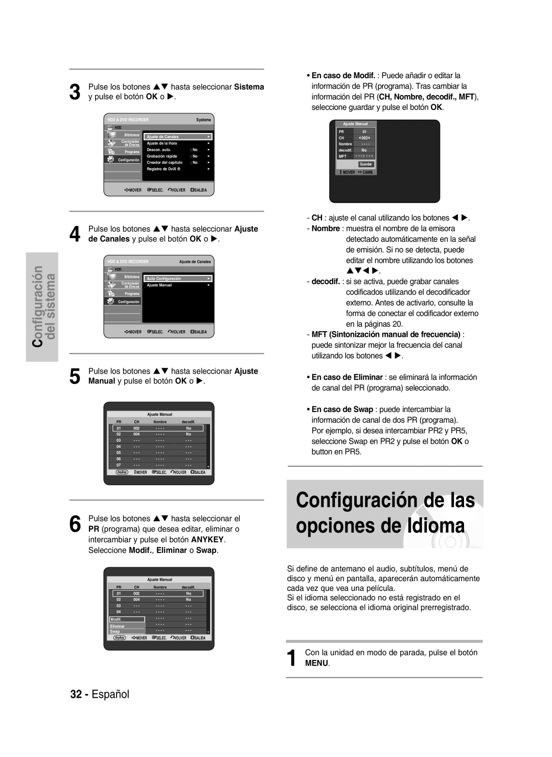 Samsung DVD-HR735/XEC, DVD-HR735/XEG Configuración de las opciones de Idioma, Pulse el botón OK o, Utilizando los botones 