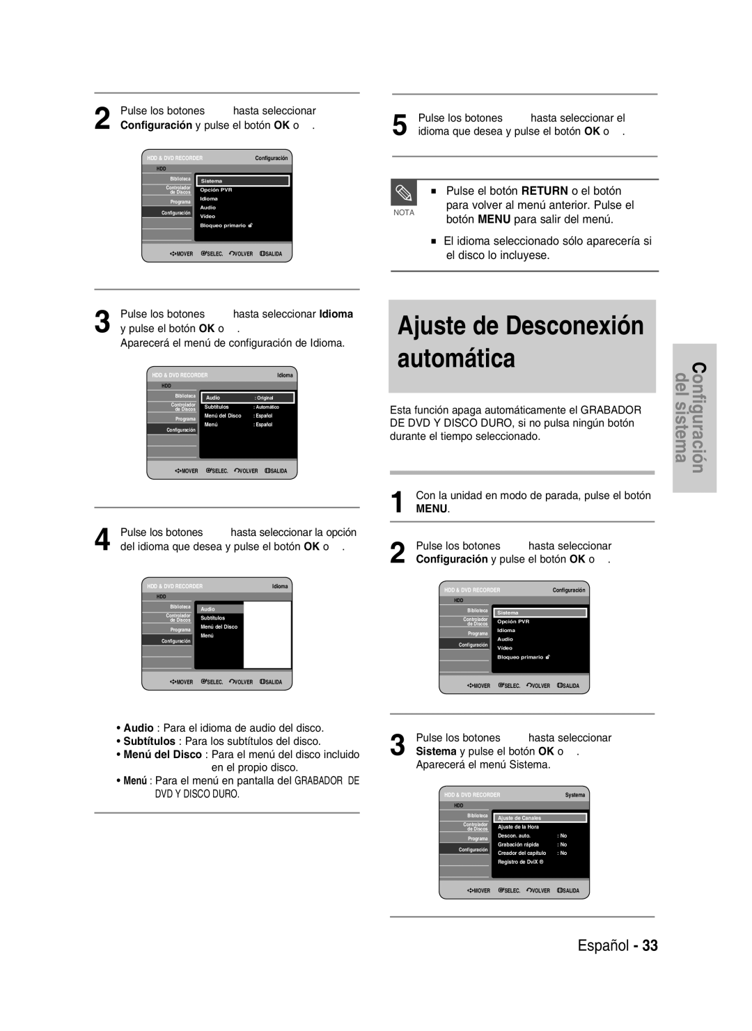 Samsung DVD-HR735/XEU manual Del idioma que desea y pulse el botón OK o, Esta función apaga automáticamente el Grabador 