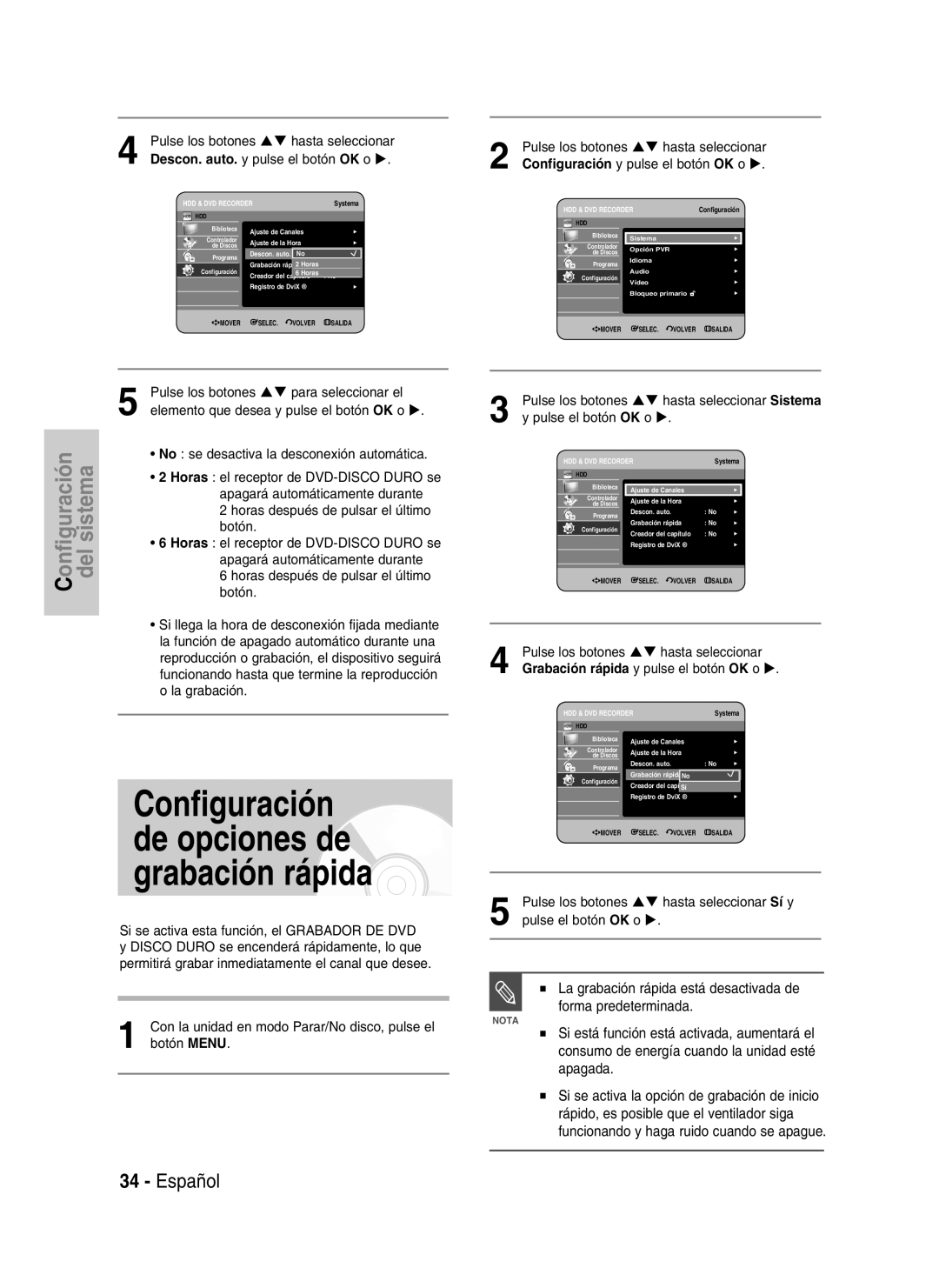 Samsung DVD-HR737/XEE manual Pulse los botones para seleccionar el, Elemento que desea y pulse el botón OK o, La grabación 