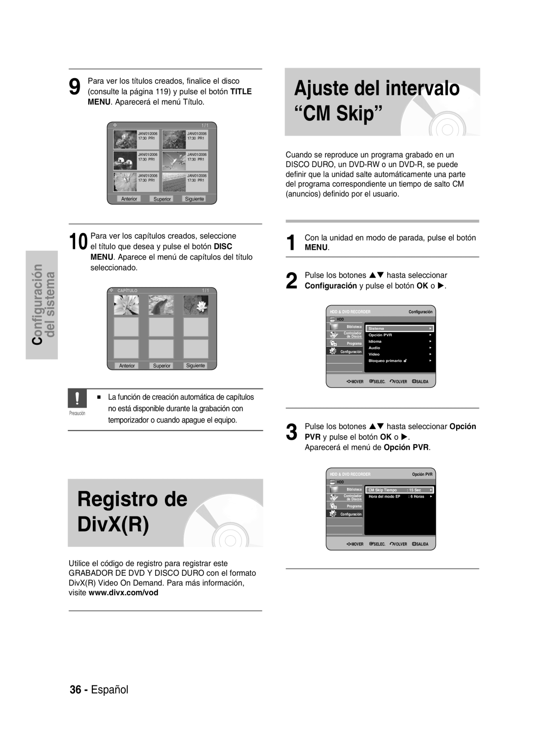 Samsung DVD-HR737/XEN Registro de DivXR, Ajuste del intervalo CM Skip, La función de creación automática de capítulos 