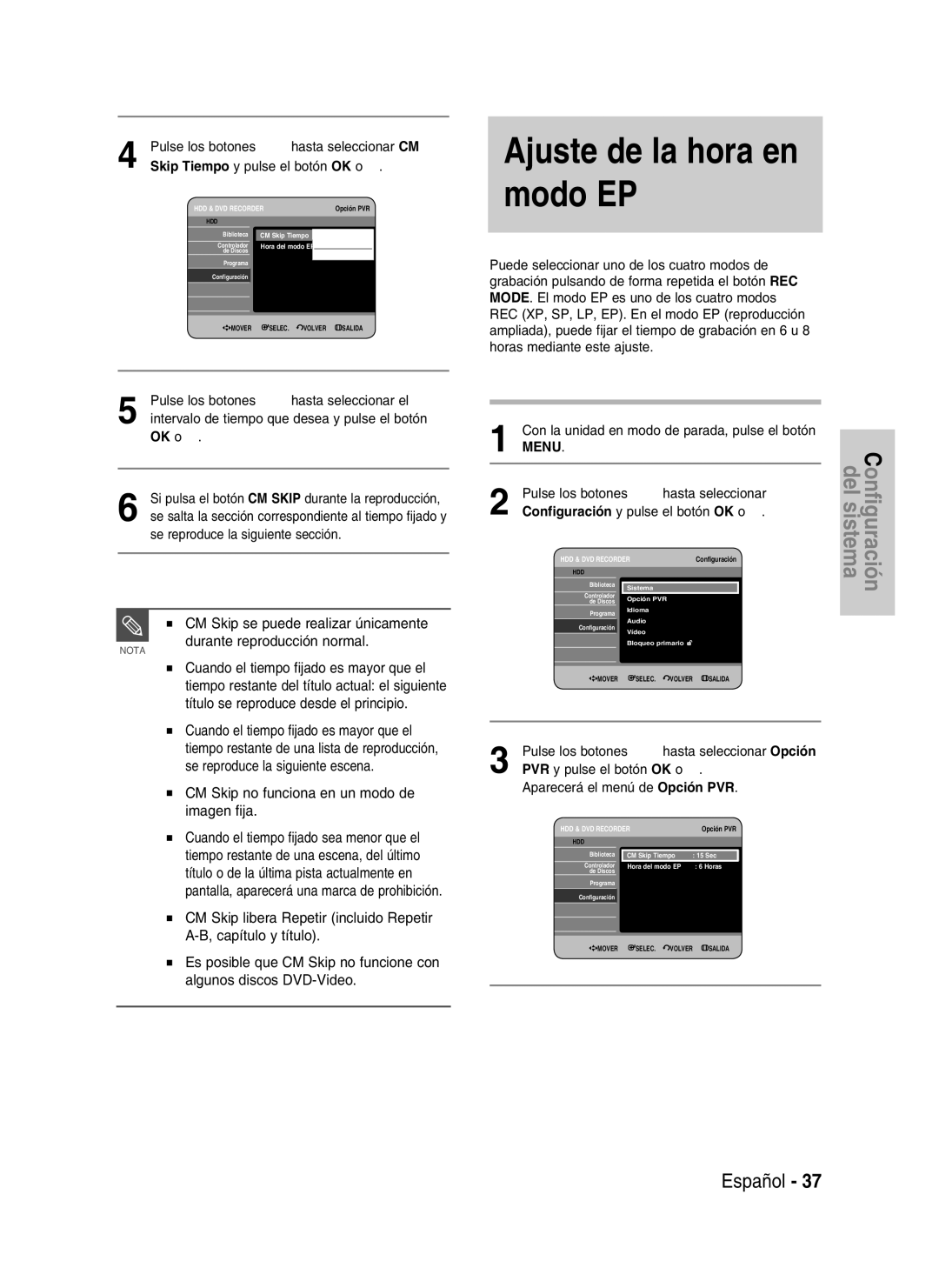 Samsung DVD-HR735/XEH, DVD-HR735/XEG manual Ajuste de la hora en modo EP, CM Skip no funciona en un modo de imagen fija 