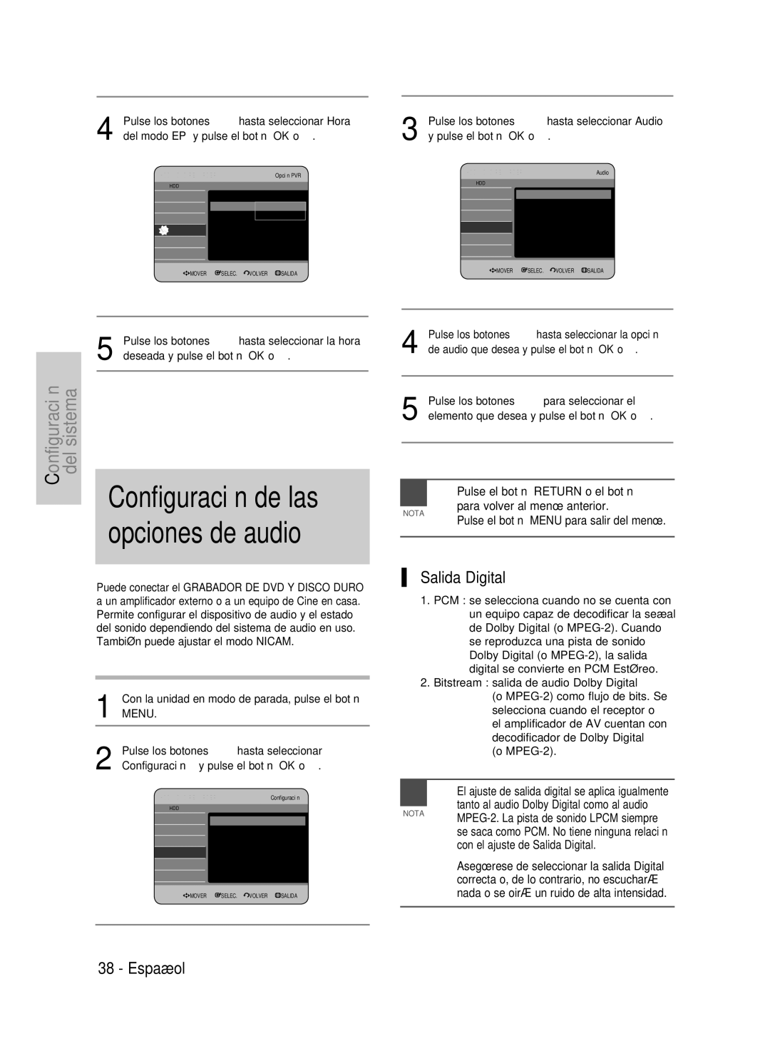 Samsung DVD-HR735/XEG manual Configuración de las, Opciones de audio, Salida Digital, Pulse el botón Return o el botón 