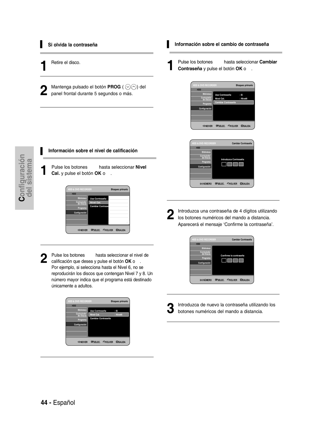 Samsung DVD-HR737/XET manual Si olvida la contraseña, Información sobre el cambio de contraseña, Únicamente a adultos 