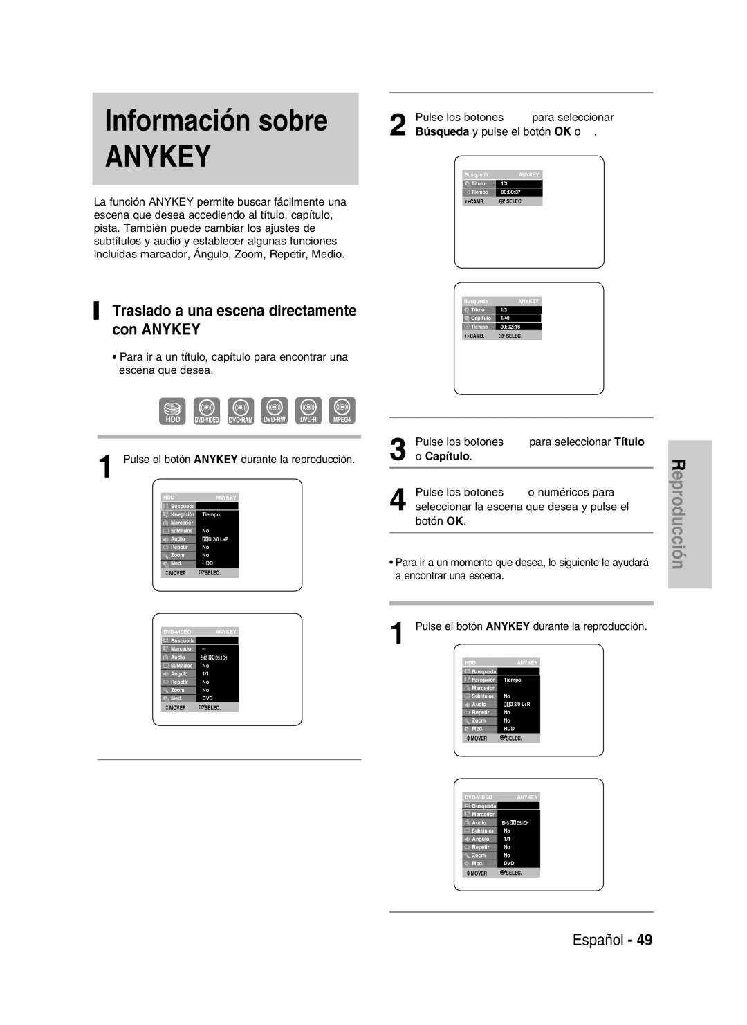 Samsung DVD-HR737/XEU Traslado a una escena directamente con Anykey, Pulse los botones Para seleccionar Título, Capítulo 