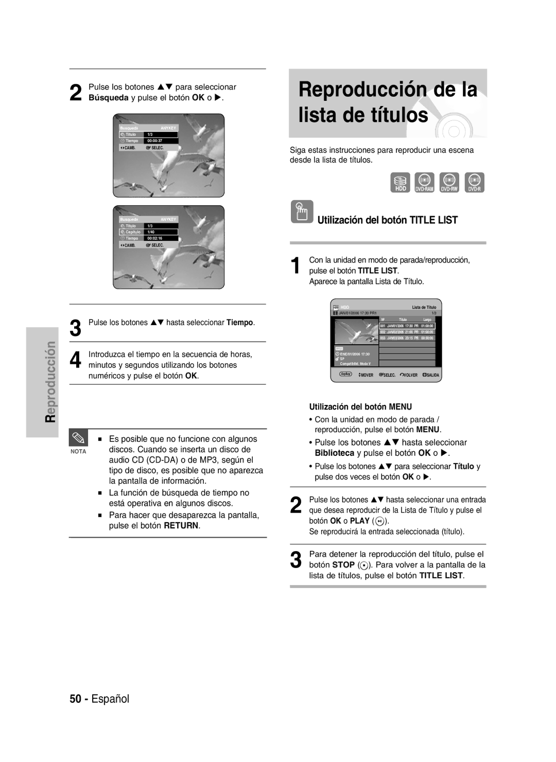 Samsung DVD-HR737/XEH Reproducción de la lista de títulos, Utilización del botón Title List, Utilización del botón Menu 