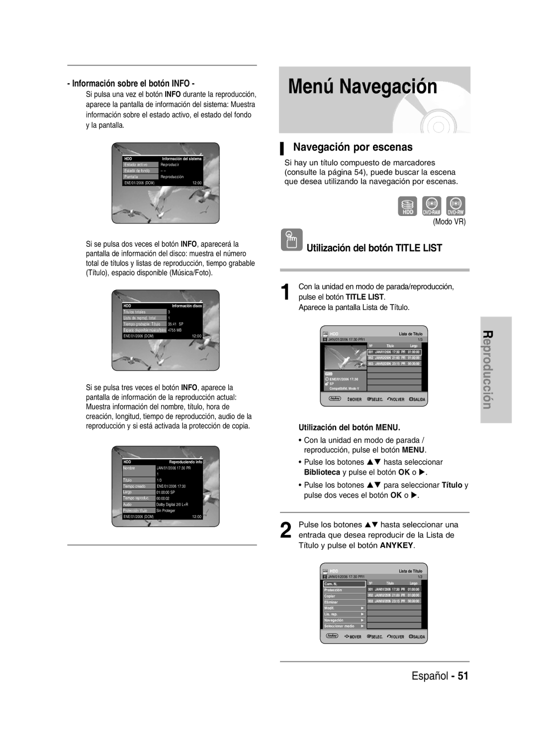 Samsung DVD-HR735/XEC, DVD-HR735/XEG Menú Navegación, Navegación por escenas, Información sobre el botón Info, Modo VR 