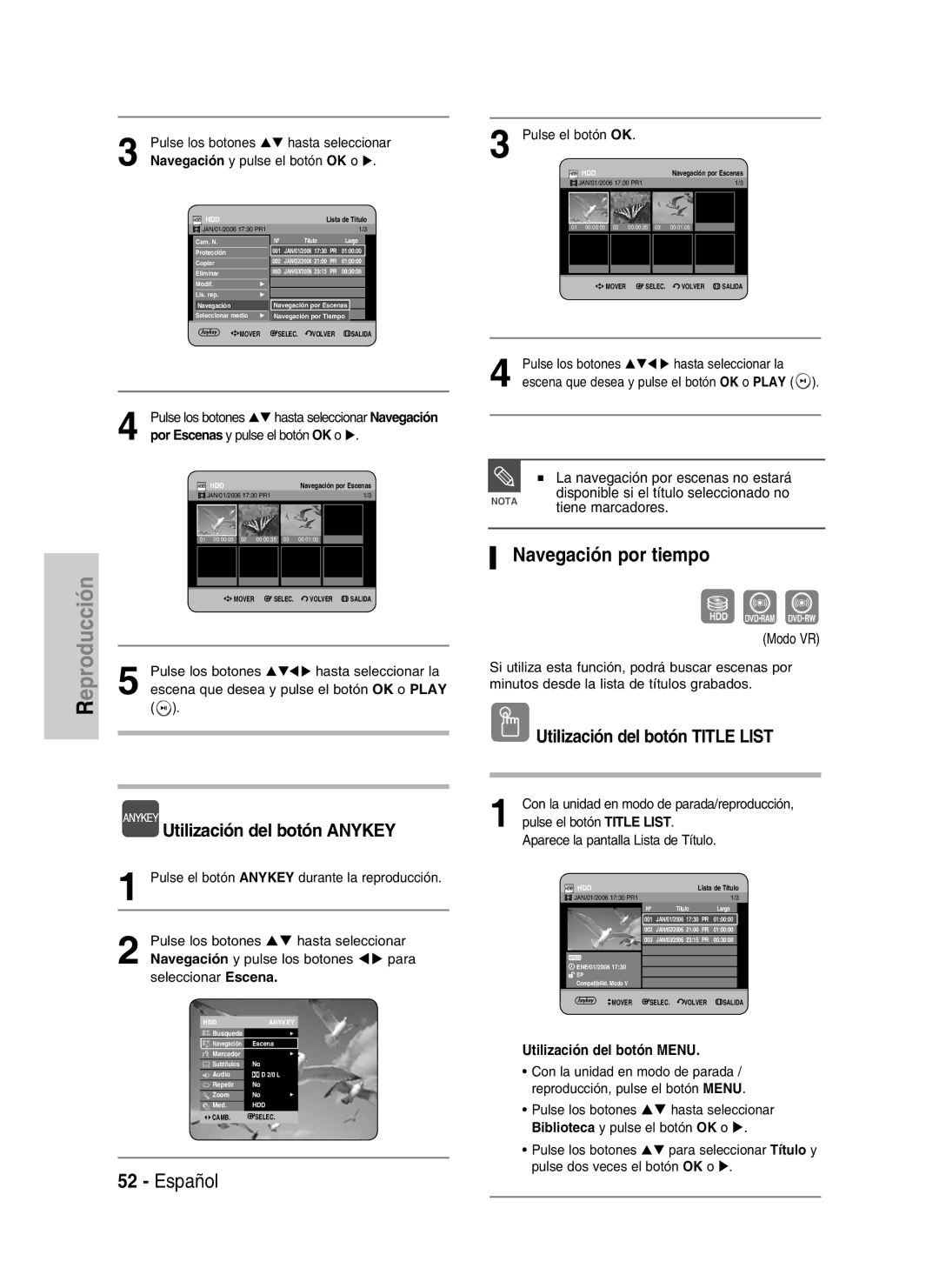 Samsung DVD-HR735/XEU manual Navegación por tiempo, Utilización del botón Anykey, La navegación por escenas no estará 