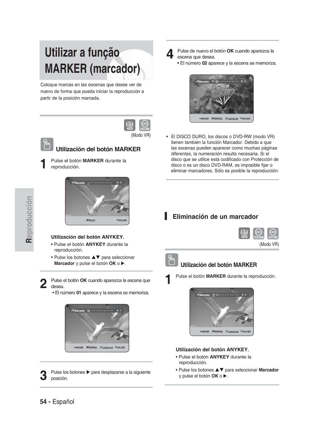 Samsung DVD-HR735/EUR manual Eliminación de un marcador, Utilización del botón Marker, Utilización del botón Anykey 