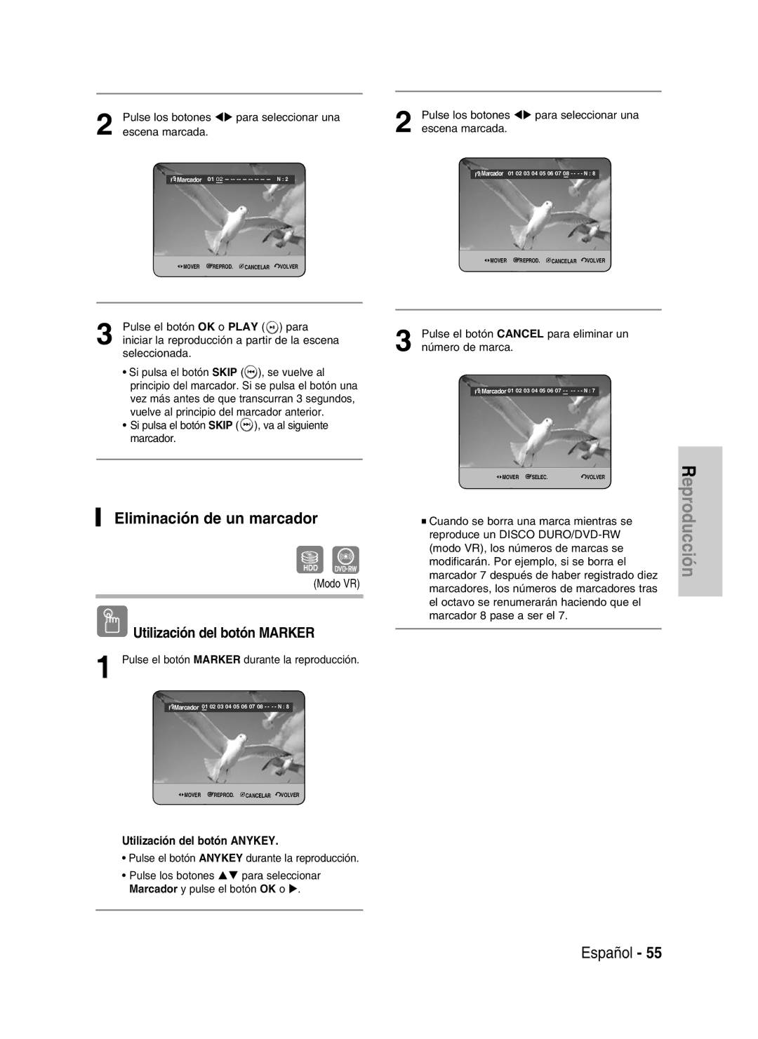 Samsung DVD-HR737/XEN, DVD-HR735/XEG, DVD-HR737/XEG, DVD-HR735/XEB Pulse los botones Para seleccionar una Escena marcada 