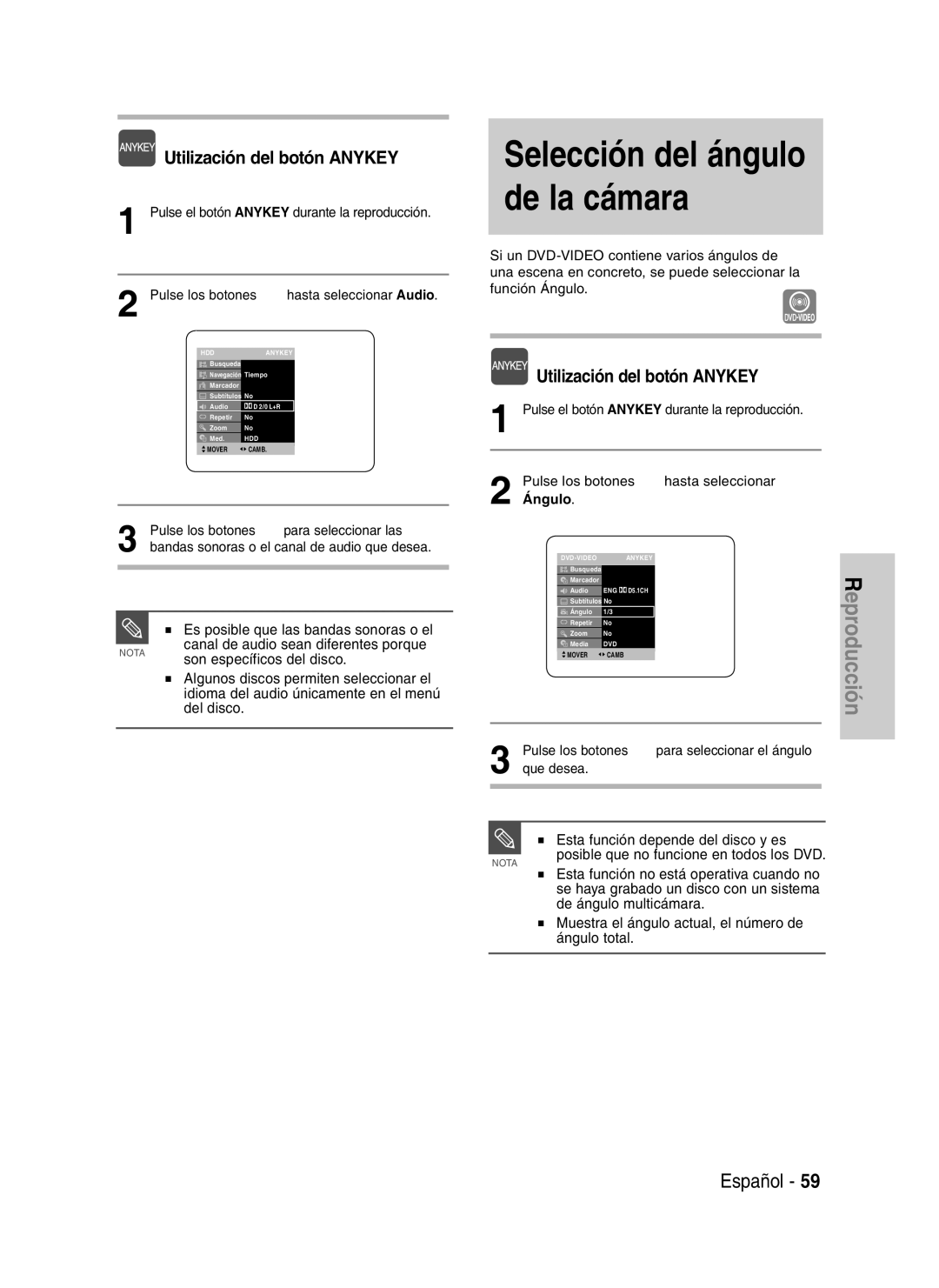 Samsung DVD-HR735/XEB, DVD-HR735/XEG manual Selección del ángulo de la cámara, Es posible que las bandas sonoras o el 