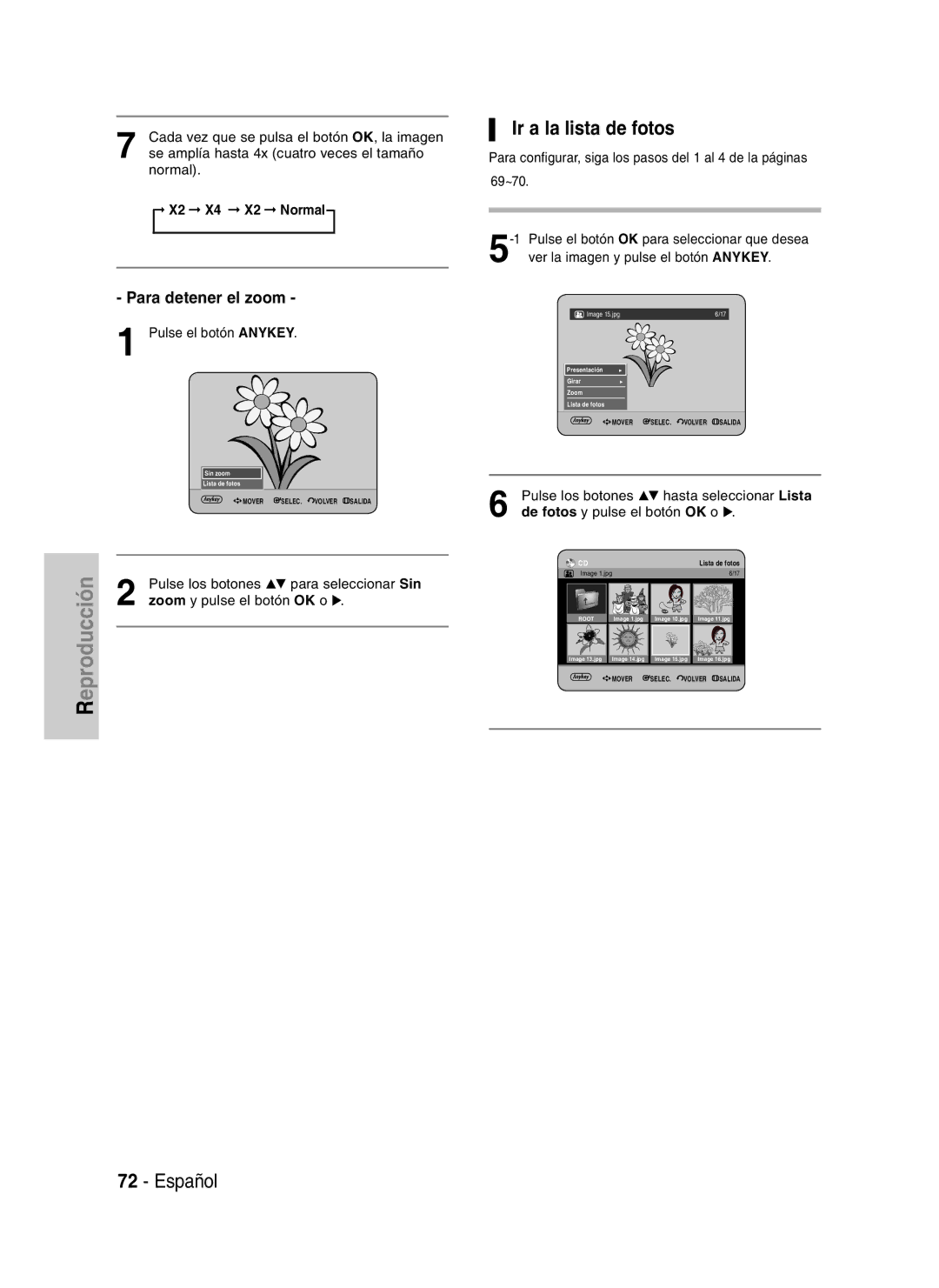 Samsung DVD-HR737/XEE, DVD-HR735/XEG, DVD-HR737/XEG manual Ir a la lista de fotos, Para detener el zoom, X2 X4 X2 Normal 