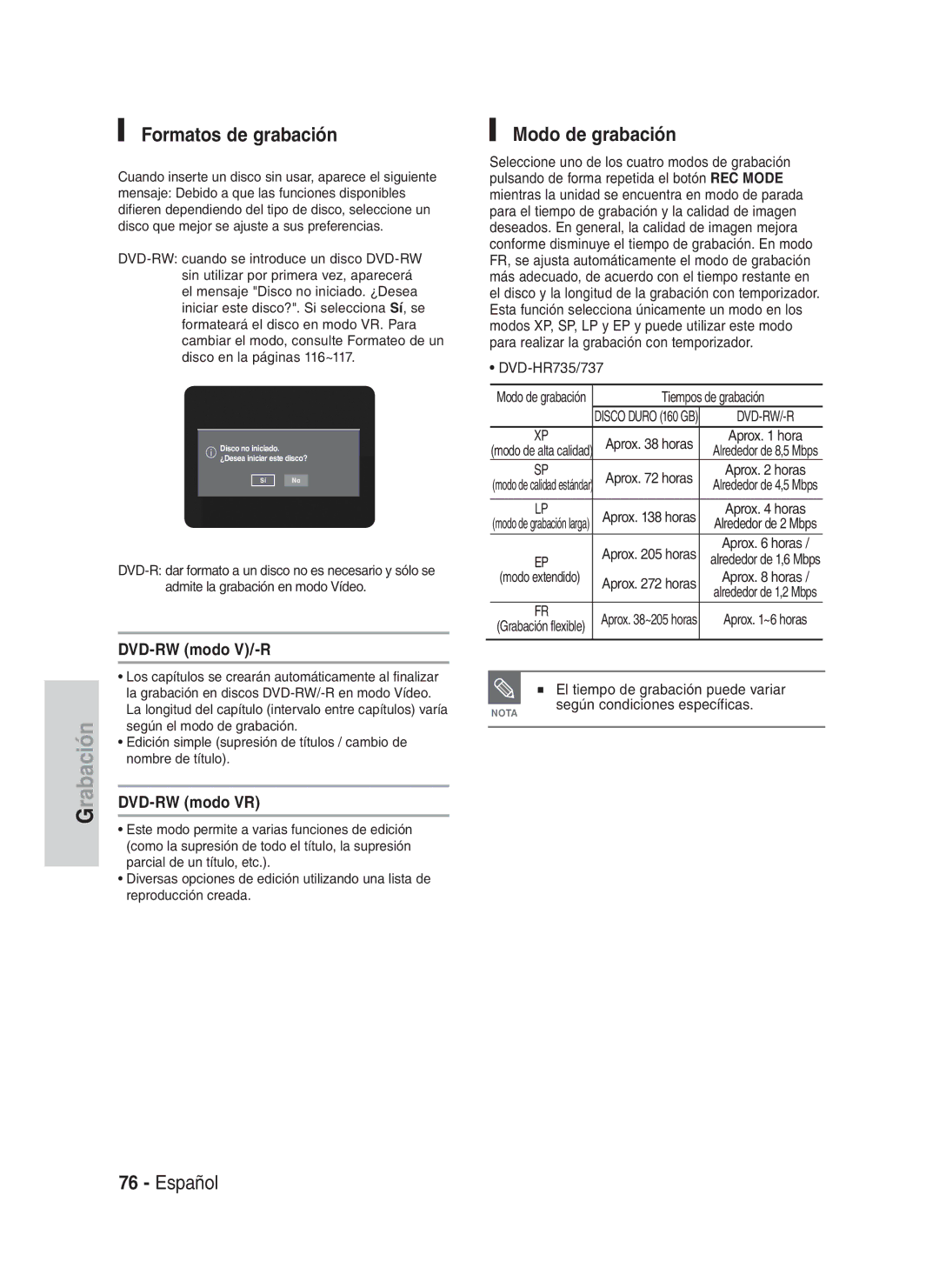 Samsung DVD-HR735/XEG, DVD-HR737/XEG manual Formatos de grabación, Modo de grabación, DVD-RW modo V/-R, DVD-RW modo VR 