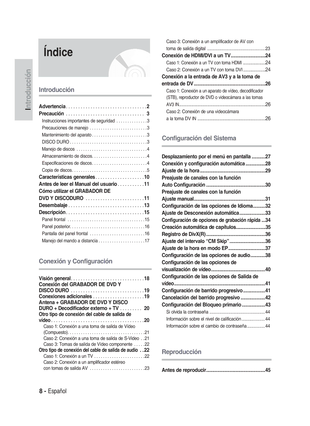 Samsung DVD-HR735/XEE, DVD-HR735/XEG, DVD-HR737/XEG, DVD-HR735/XEB, DVD-HR737/XEB, DVD-HR737/XEF, DVD-HR735/XEF manual Índice 