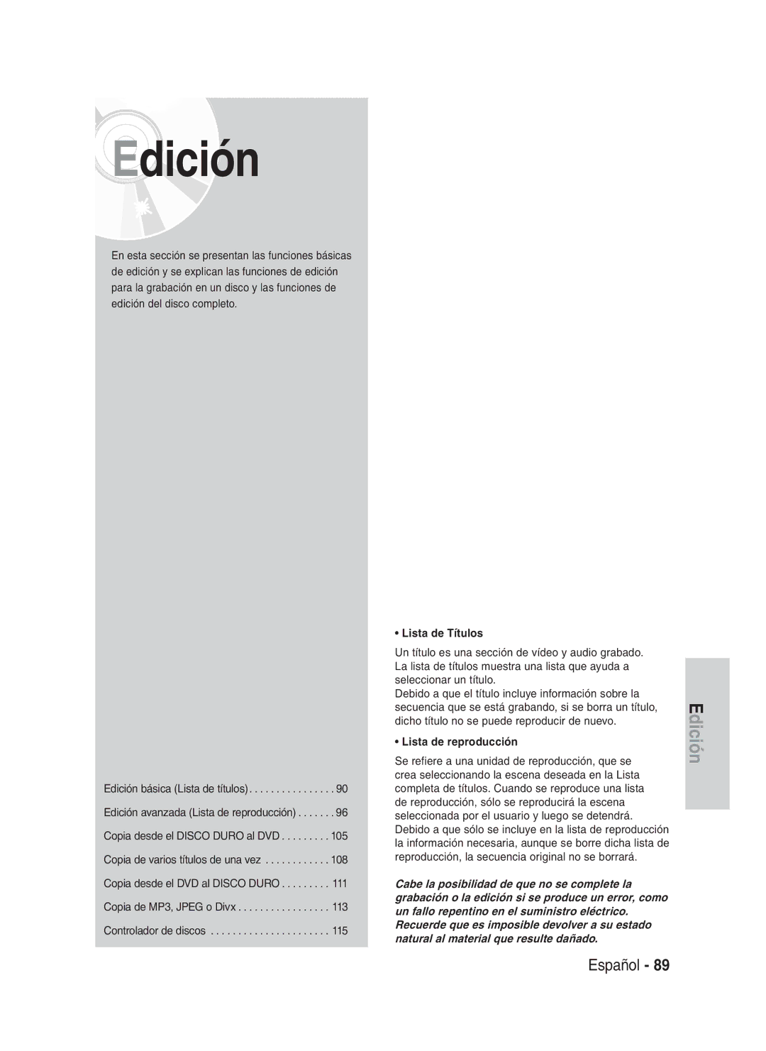 Samsung DVD-HR735/XEC, DVD-HR735/XEG, DVD-HR737/XEG, DVD-HR735/XEB, DVD-HR737/XEB Lista de Títulos, Lista de reproducción 