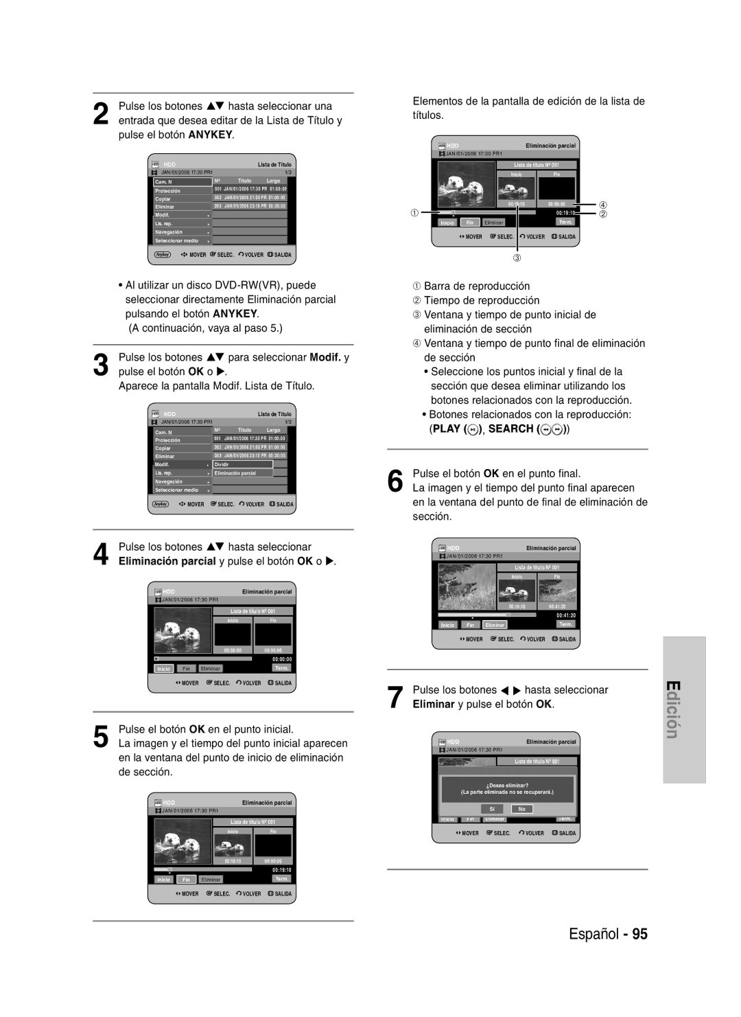 Samsung DVD-HR735/XEG, DVD-HR737/XEG manual Elementos de la pantalla de edición de la lista de títulos, Play , Search 