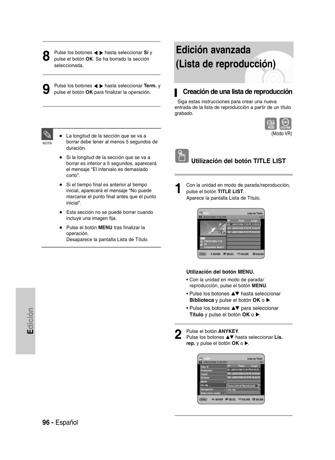 Samsung DVD-HR737/XEG, DVD-HR735/XEG, DVD-HR735/XEB, DVD-HR737/XEB manual Creación de una lista de reproducción, Duración 