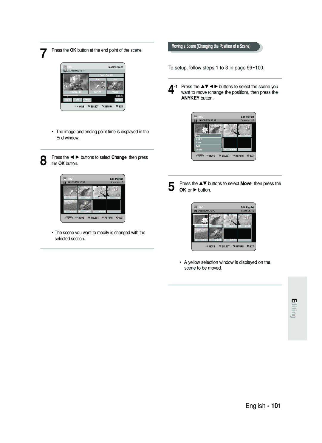 Samsung DVD-HR737/XET Moving a Scene Changing the Position of a Scene, Press the OK button at the end point of the scene 