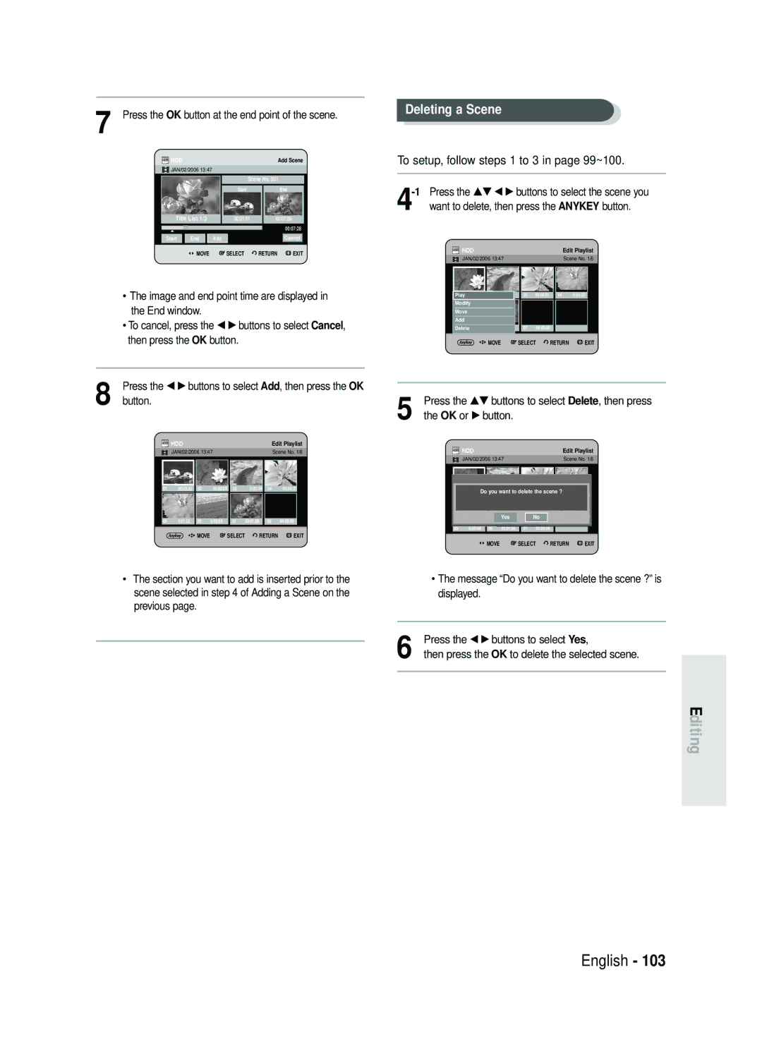 Samsung DVD-HR735/XEE, DVD-HR735/XEG, DVD-HR737/XEG, DVD-HR735/XEB, DVD-HR737/XEB, DVD-HR737/XEF manual Deleting a Scene 