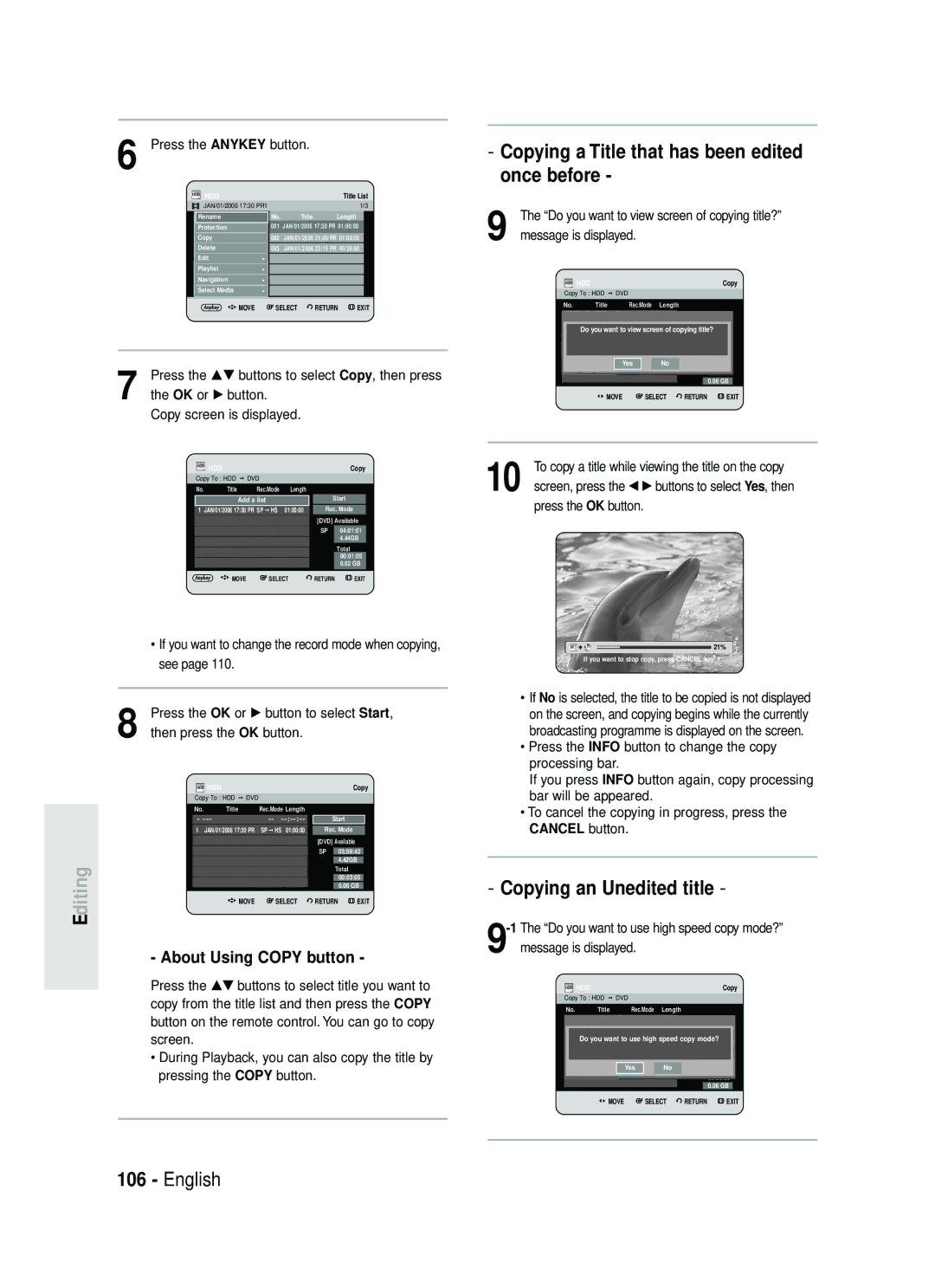 Samsung DVD-HR737/XEU, DVD-HR735/XEG manual Copying a Title that has been edited once before, Copying an Unedited title 