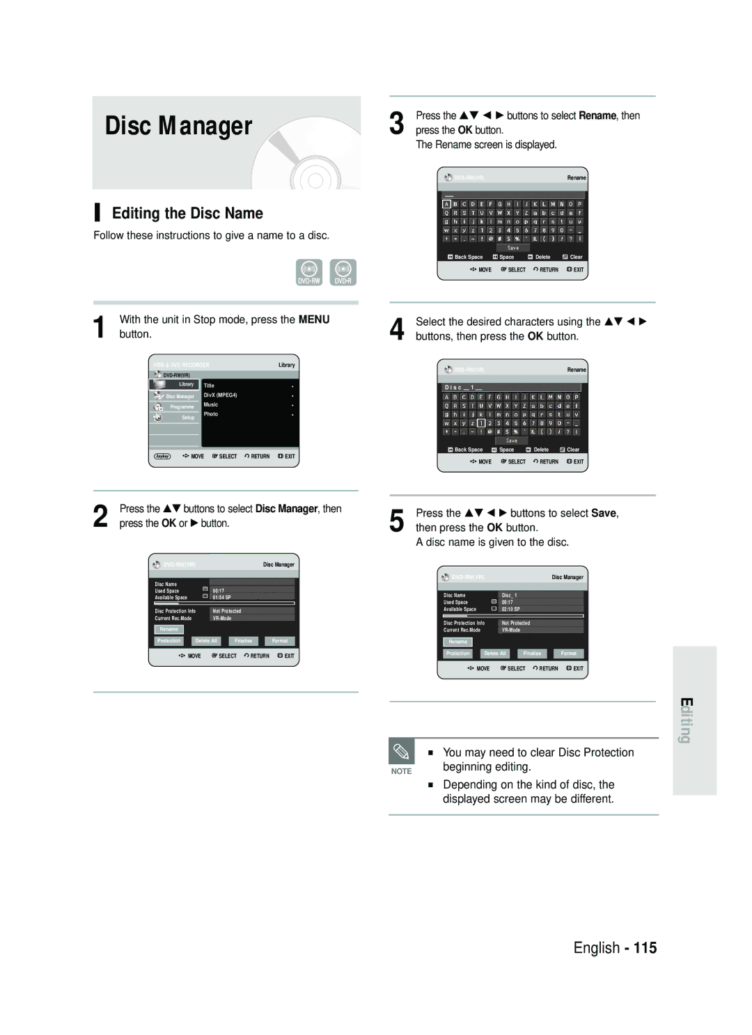 Samsung DVD-HR737/XEG Disc Manager, Editing the Disc Name, Beginning editing, Press the …† œ √ buttons to select Save 