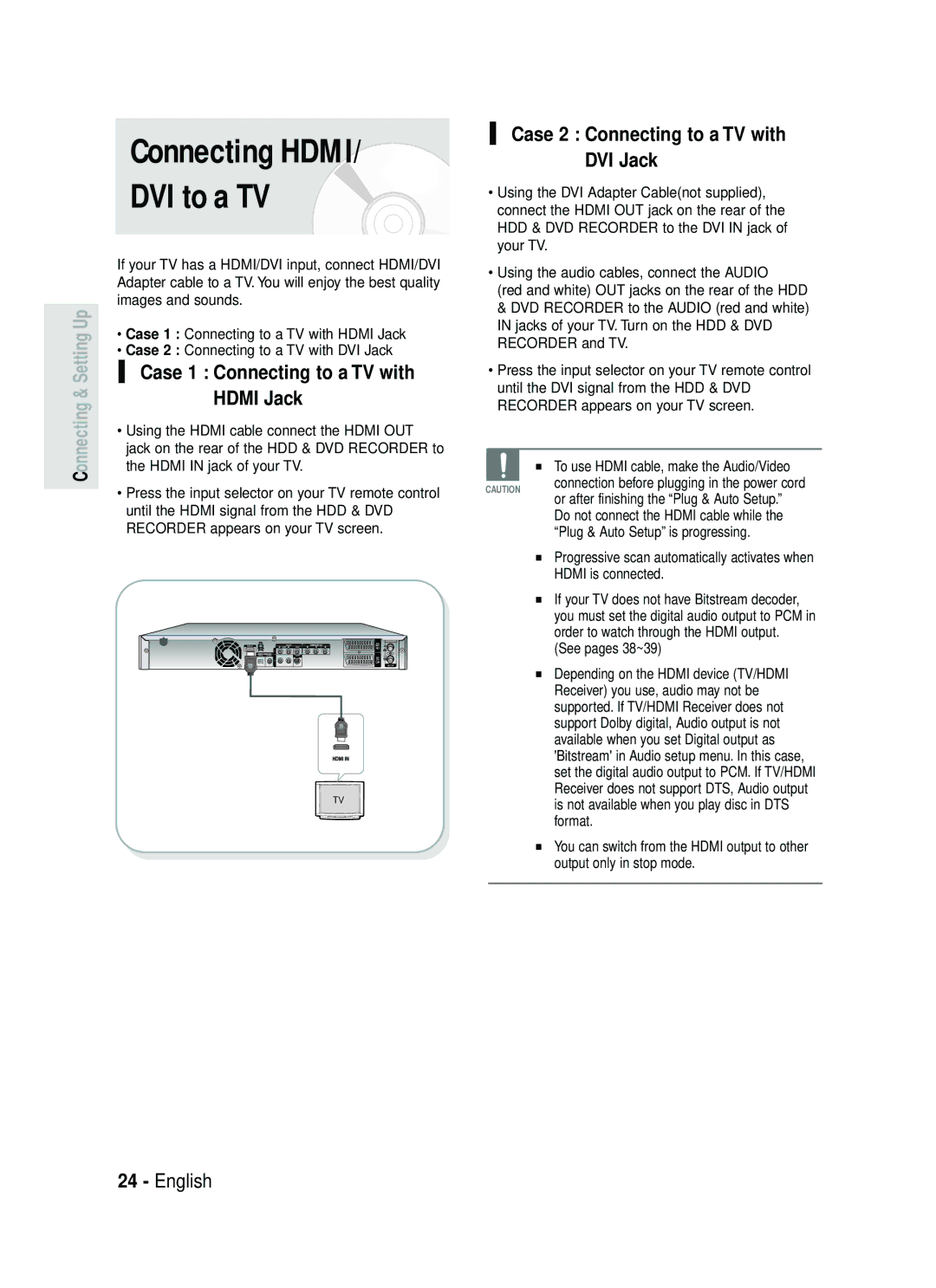 Samsung DVD-HR735/XEF, DVD-HR735/XEG, DVD-HR737/XEG Connecting Hdmi DVI to a TV, Case 1 Connecting to a TV with Hdmi Jack 