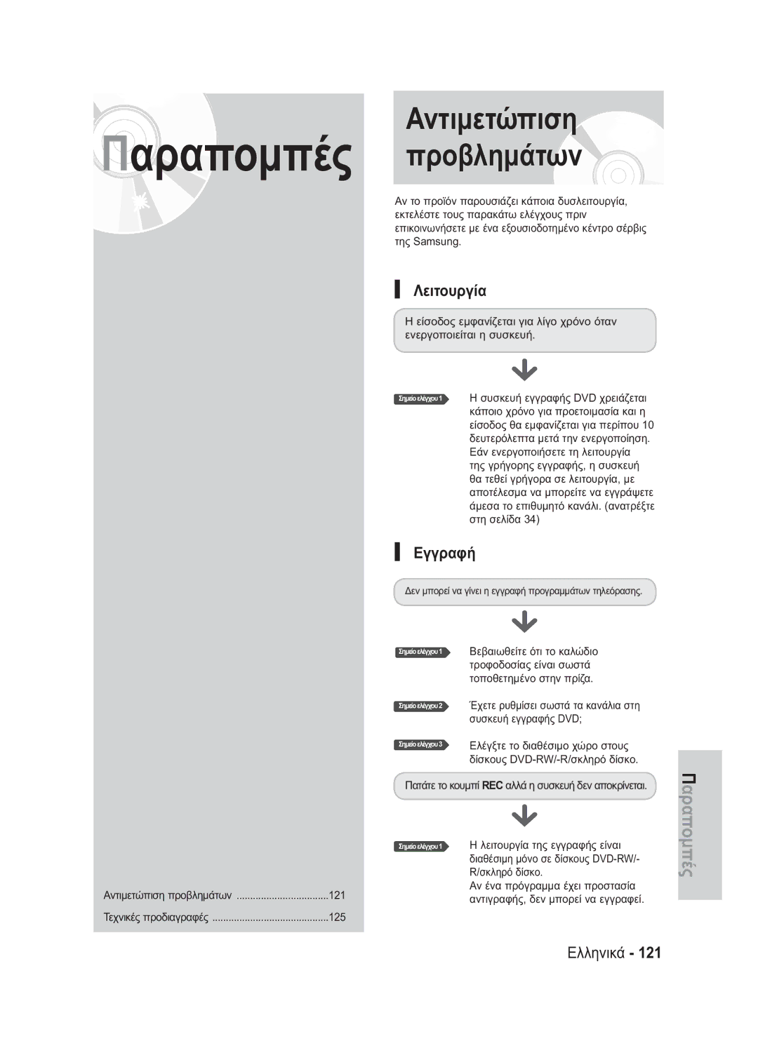 Samsung DVD-HR735/XEB, DVD-HR735/XEG, DVD-HR737/XEG manual Αντιμετώπιση Προβλημάτων, Παραπομπές, Λειτουργία, Εγγραφή, 125 