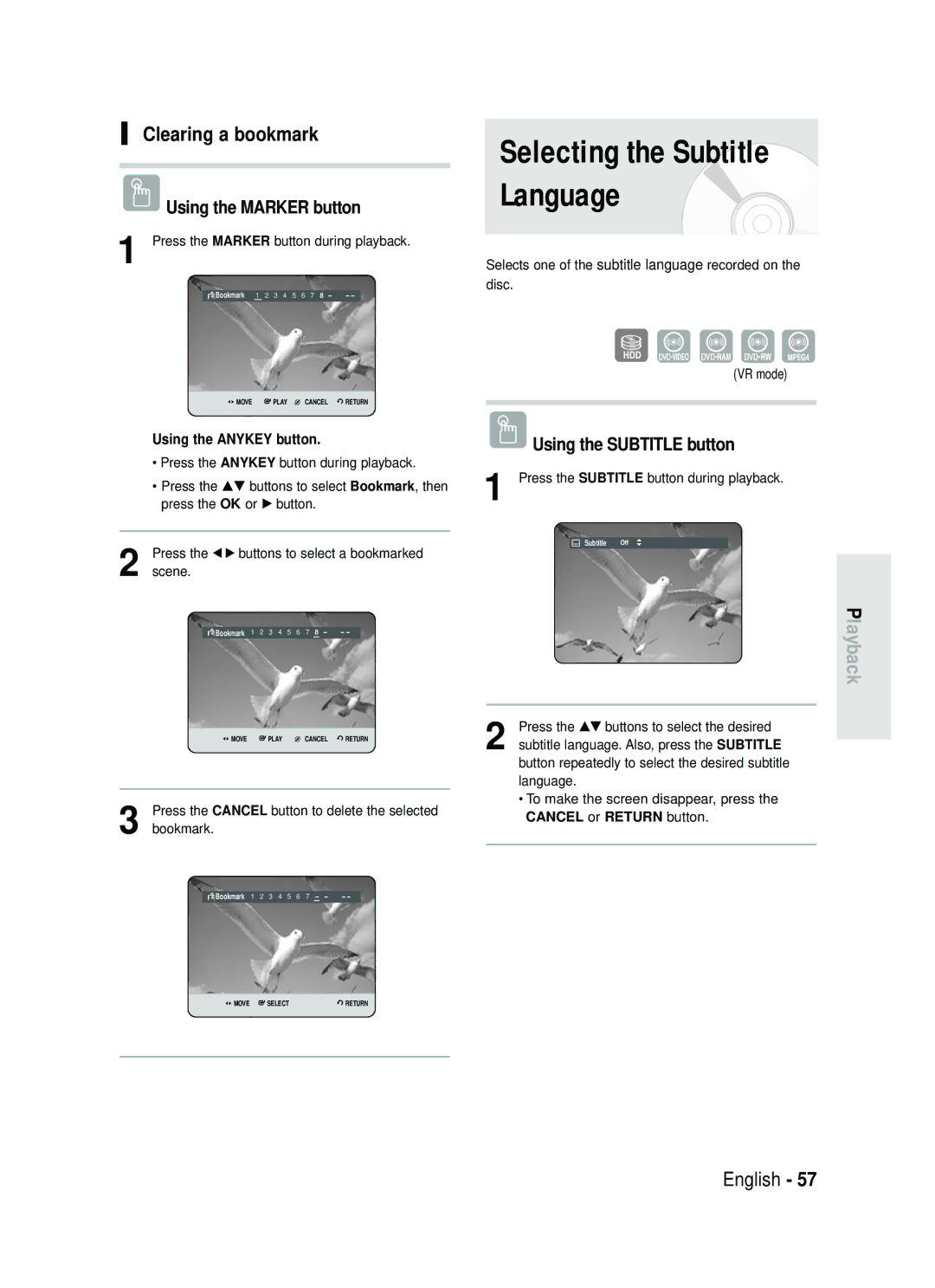 Samsung DVD-HR735/XEG manual Clearing a bookmark, Using the Subtitle button, Press the Subtitle button during playback 