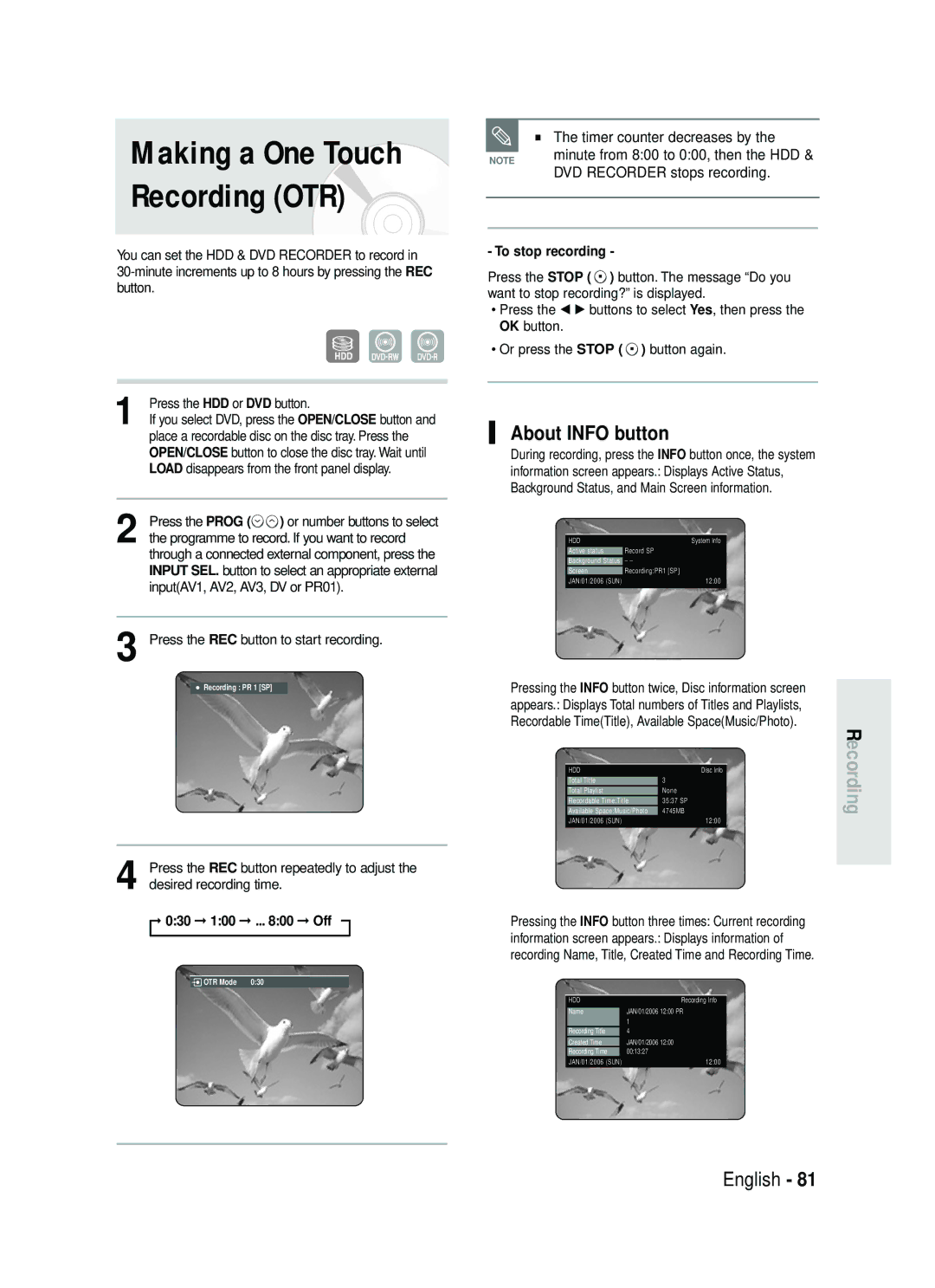 Samsung DVD-HR735/XEF, DVD-HR735/XEG manual About Info button, Timer counter decreases by, 030 100 .. Off, To stop recording 