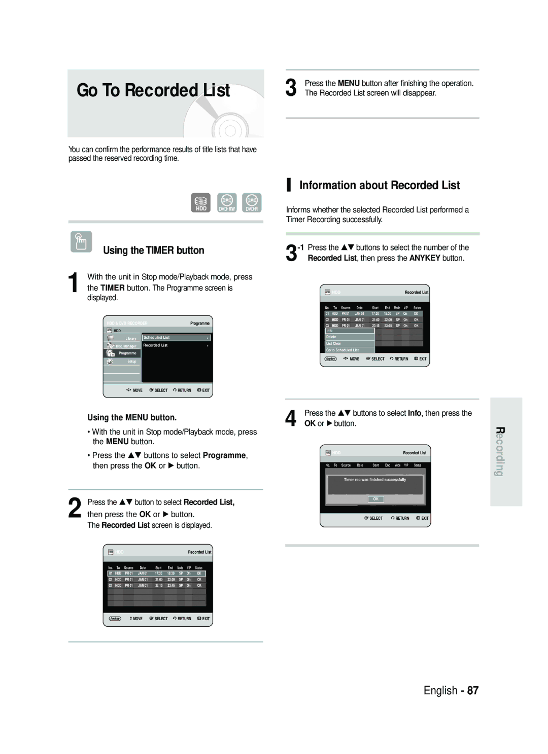 Samsung DVD-HR737/XEU manual Go To Recorded List, Information about Recorded List, Recorded List screen will disappear 