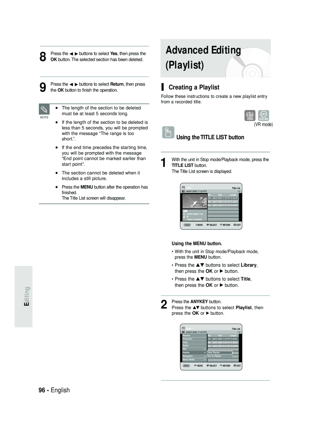 Samsung DVD-HR737/XEG, DVD-HR735/XEG, DVD-HR735/XEB manual Creating a Playlist, Press the …† buttons to select Playlist, then 