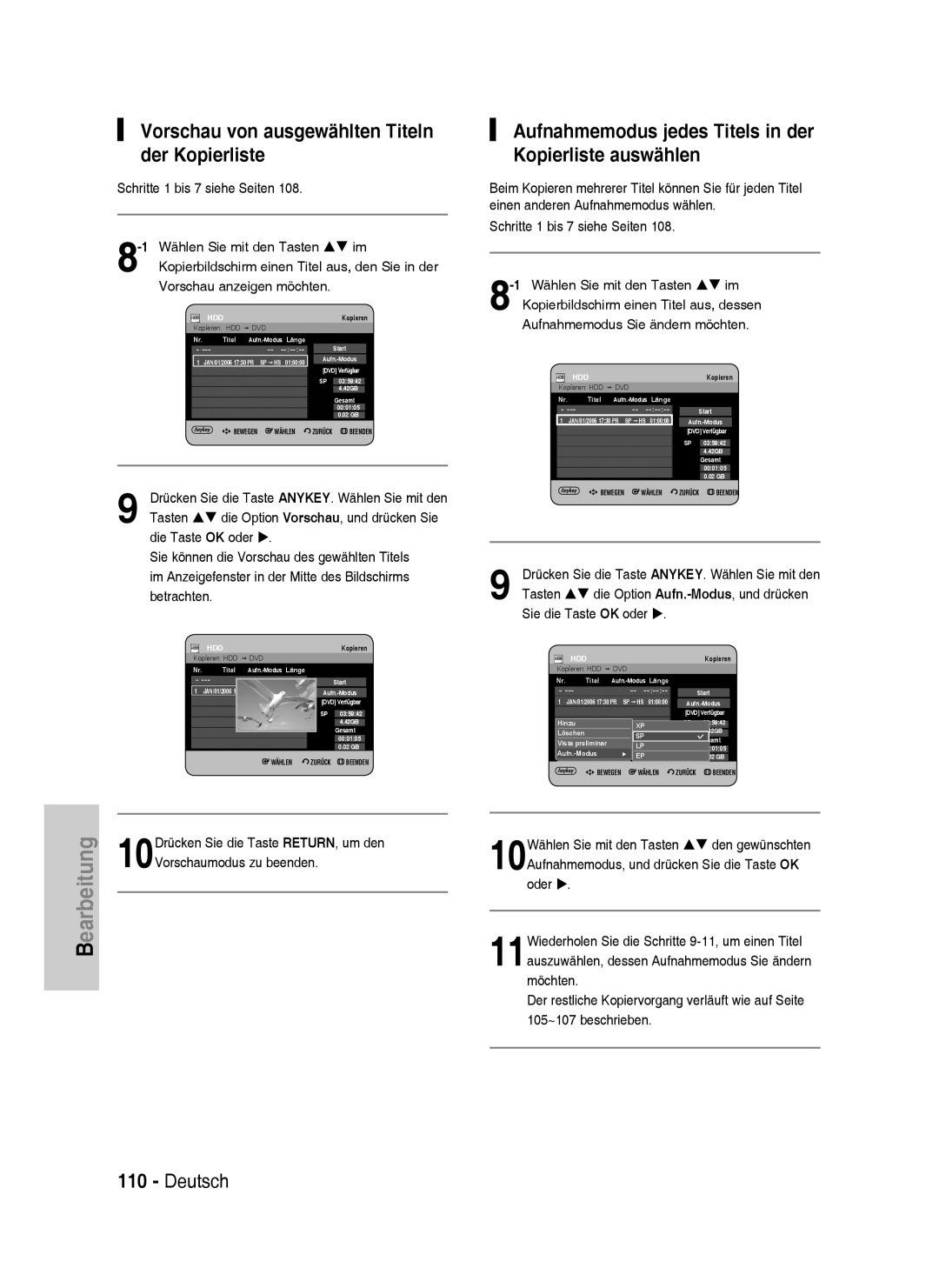 Samsung DVD-HR735/XEB, DVD-HR735/XEG, DVD-HR737/XEG, DVD-HR737/XEB manual Vorschau von ausgewählten Titeln der Kopierliste 