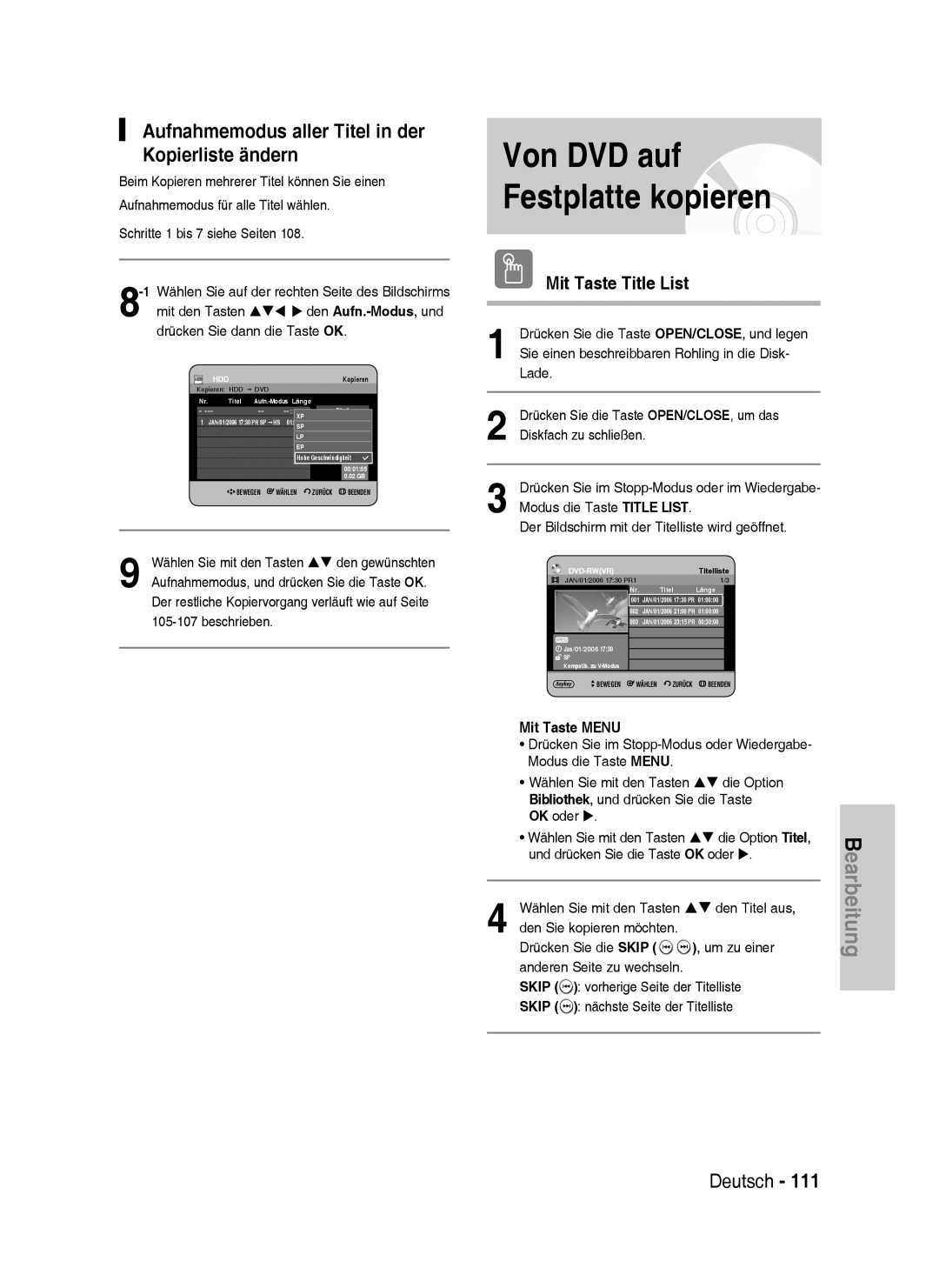 Samsung DVD-HR737/XEB Aufnahmemodus aller Titel in der Kopierliste ändern, Wählen Sie mit den Tasten ST den Titel aus 