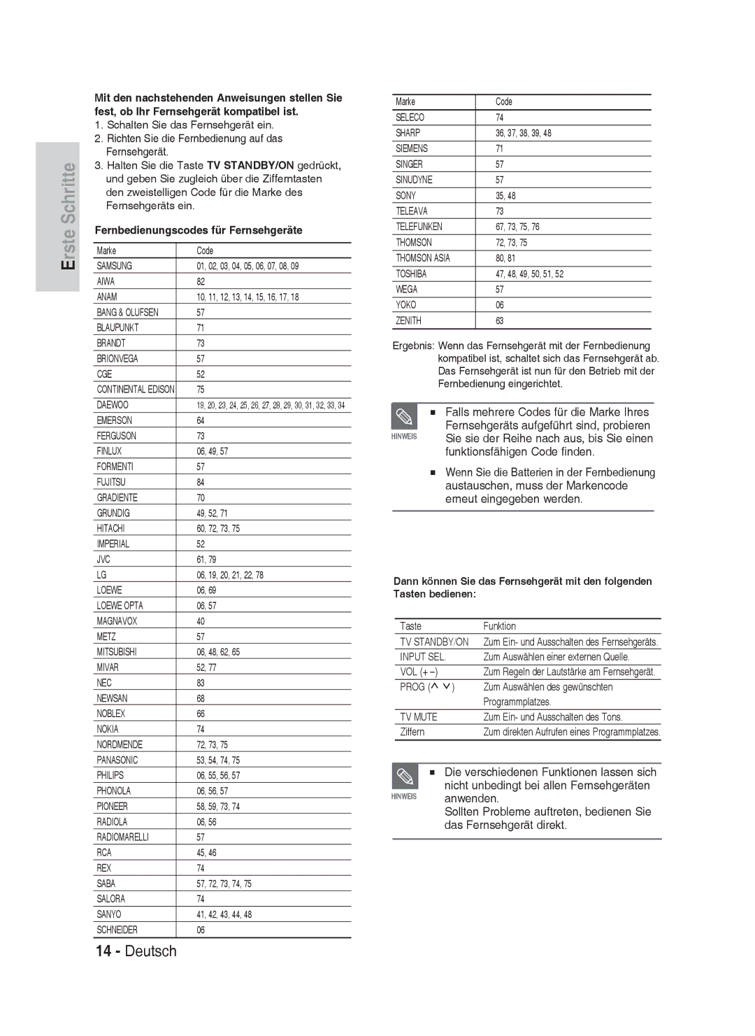 Samsung DVD-HR735/XEB, DVD-HR735/XEG manual Anwenden, Das Fernsehgerät direkt, Fernbedienungscodes für Fernsehgeräte 