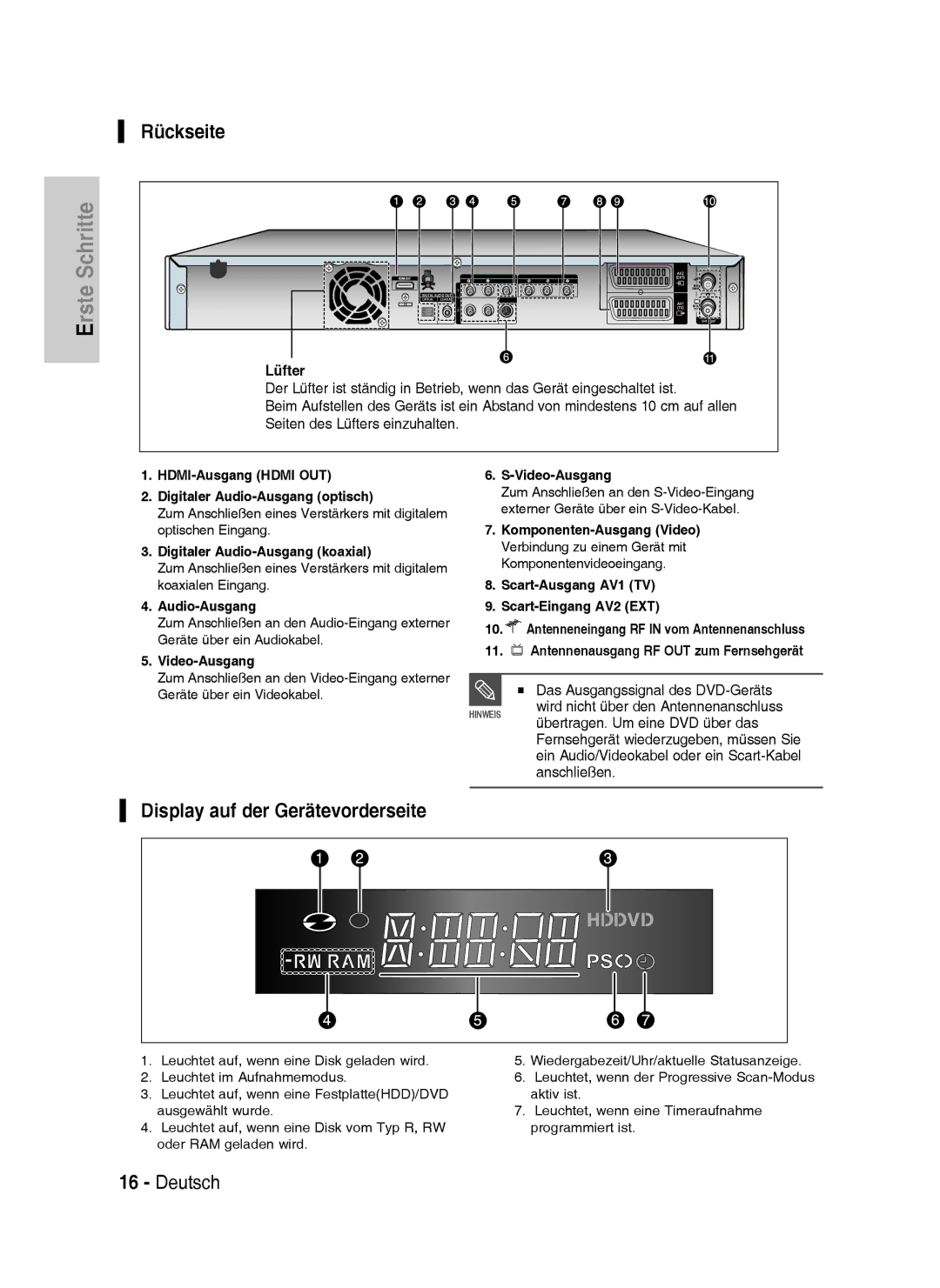 Samsung DVD-HR735/XEG, DVD-HR737/XEG, DVD-HR735/XEB, DVD-HR737/XEB manual Rückseite, Display auf der Gerätevorderseite 