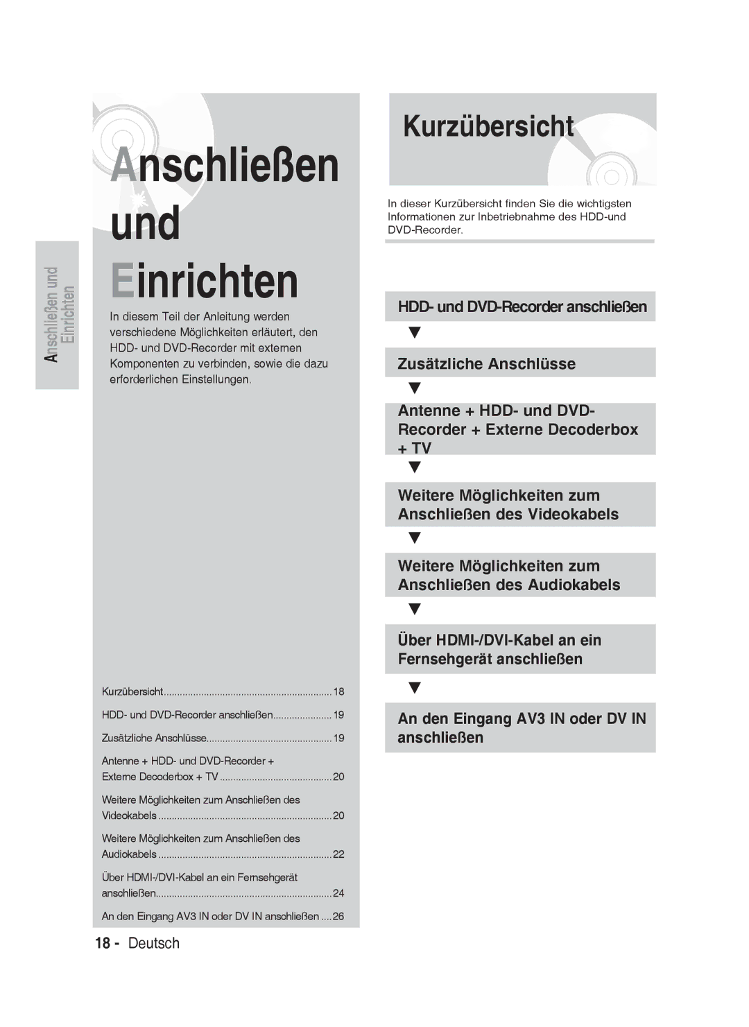 Samsung DVD-HR735/XEB An den Eingang AV3 in oder DV in anschließen, Über HDMI-/DVI-Kabel an ein Fernsehgerät anschließen 