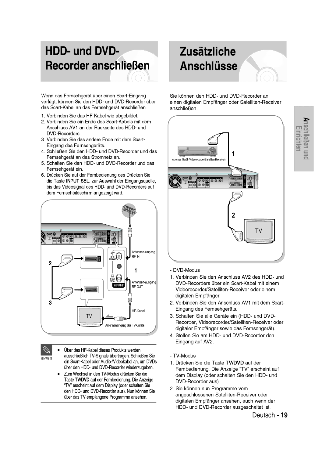 Samsung DVD-HR737/XEB, DVD-HR735/XEG, DVD-HR737/XEG manual Recorder anschließen, Über das HF-Kabel dieses Produkts werden 