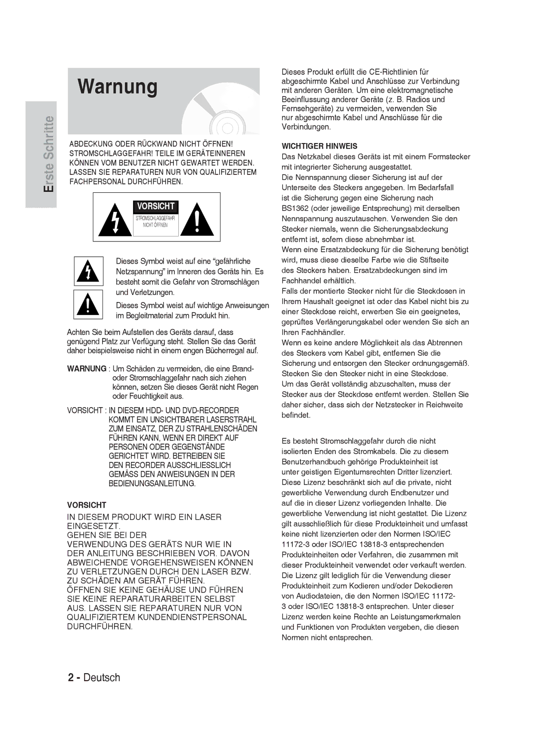 Samsung DVD-HR735/XEB, DVD-HR735/XEG, DVD-HR737/XEG manual Nur abgeschirmte Kabel und Anschlüsse für die Verbindungen 