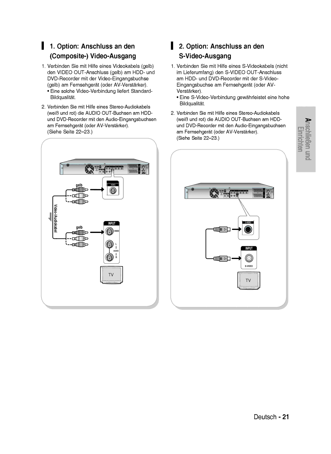 Samsung DVD-HR737/XEG manual Option Anschluss an den S-Video-Ausgang, Option Anschluss an den Composite- Video-Ausgang 