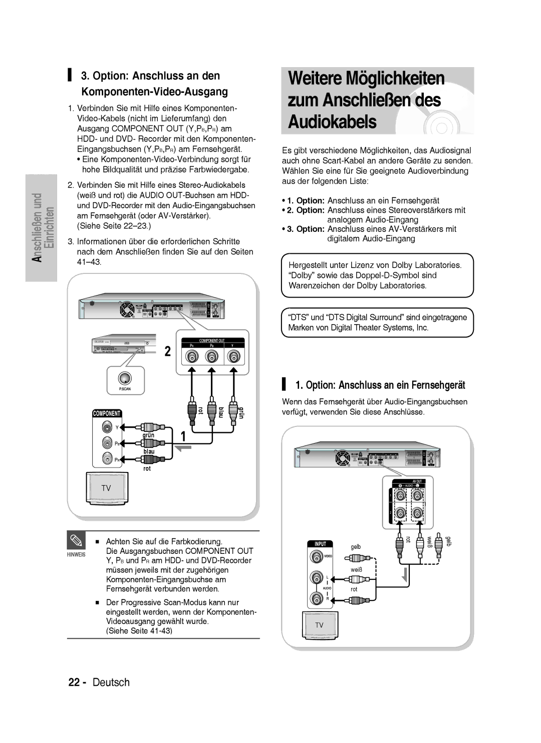 Samsung DVD-HR735/XEB manual Weitere Möglichkeiten zum Anschließen des Audiokabels, Option Anschluss an ein Fernsehgerät 