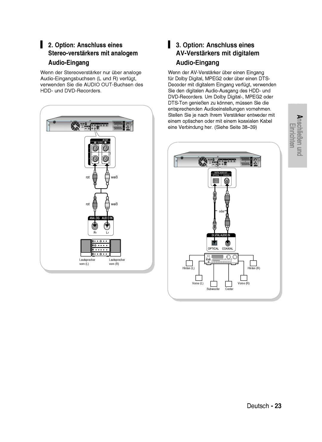 Samsung DVD-HR737/XEB Audio-Eingang, Option Anschluss eines AV-Verstärkers mit digitalem, Eine Verbindung her. Siehe Seite 