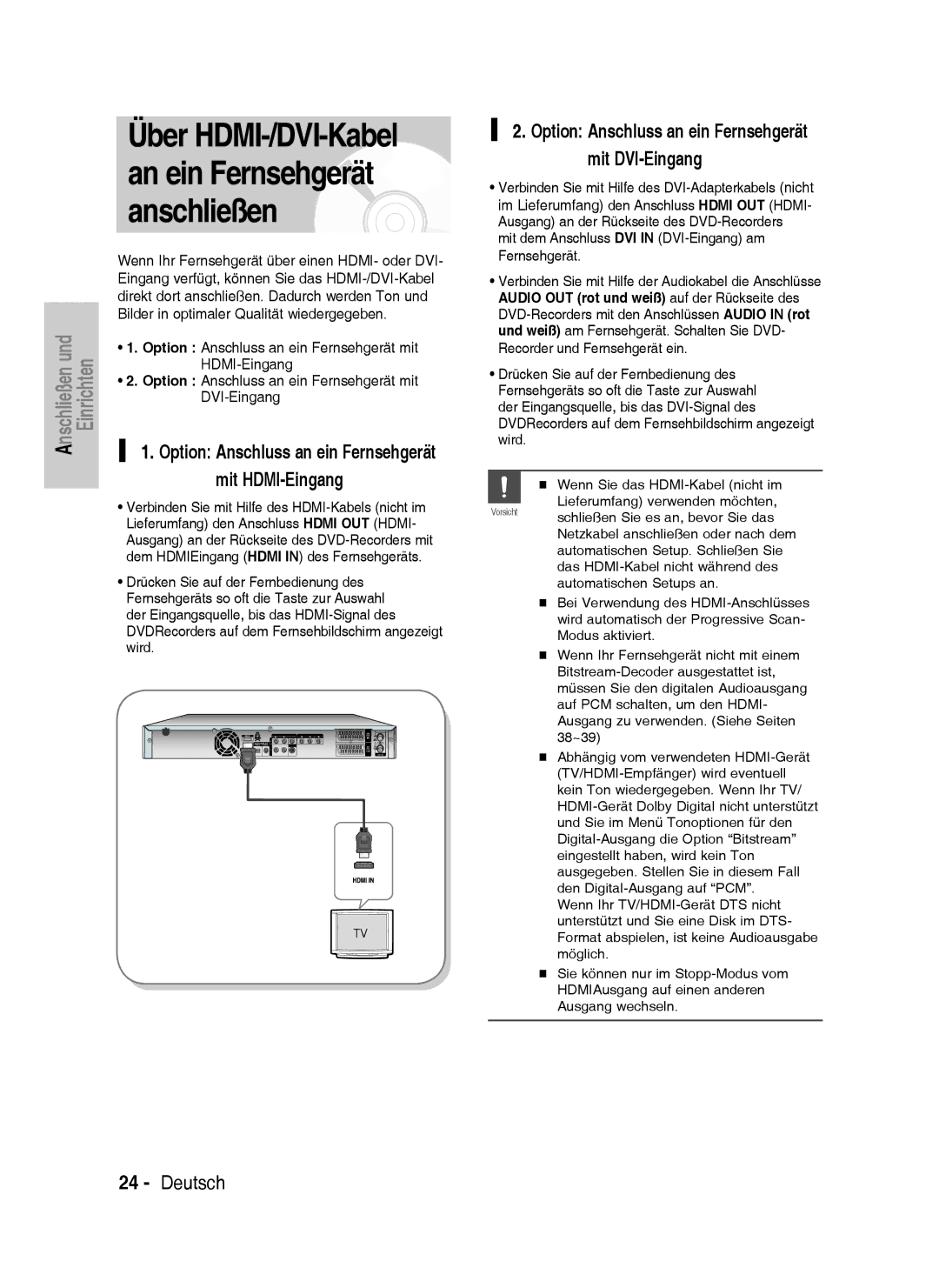 Samsung DVD-HR735/XEG, DVD-HR737/XEG, DVD-HR735/XEB, DVD-HR737/XEB manual Über HDMI-/DVI-Kabel an ein Fernsehgerät anschließen 