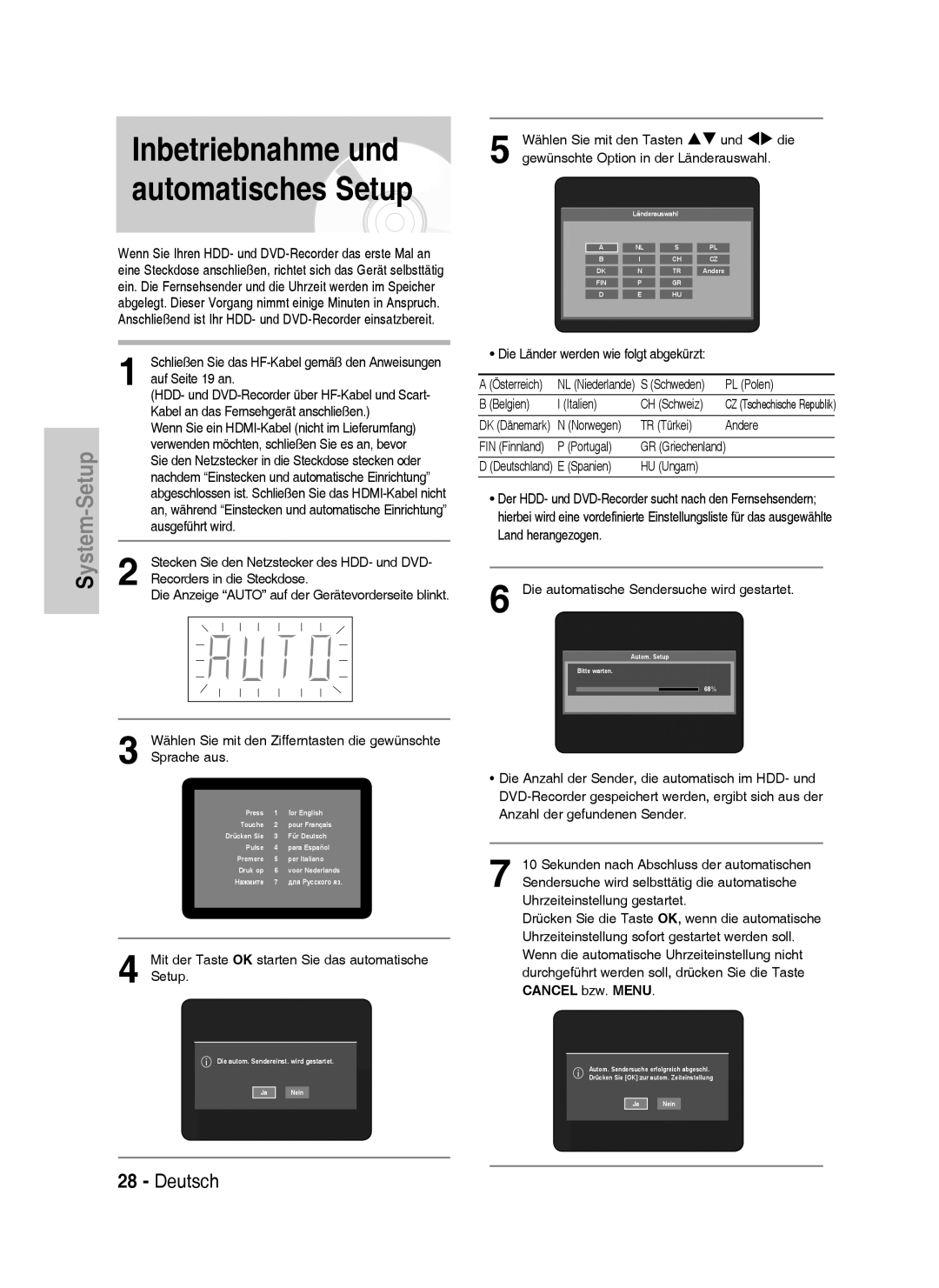 Samsung DVD-HR735/XEG, DVD-HR737/XEG, DVD-HR735/XEB, DVD-HR737/XEB manual Inbetriebnahme und automatisches Setup 